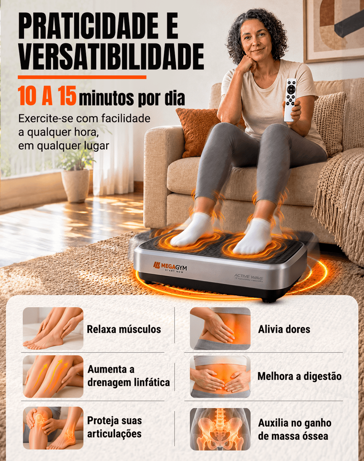 Plataforma Vibratória Active Wave | 360 até 600 Vibrações por minuto | Suporta até 120Kg | Superfície antiderrapante - MegaGym