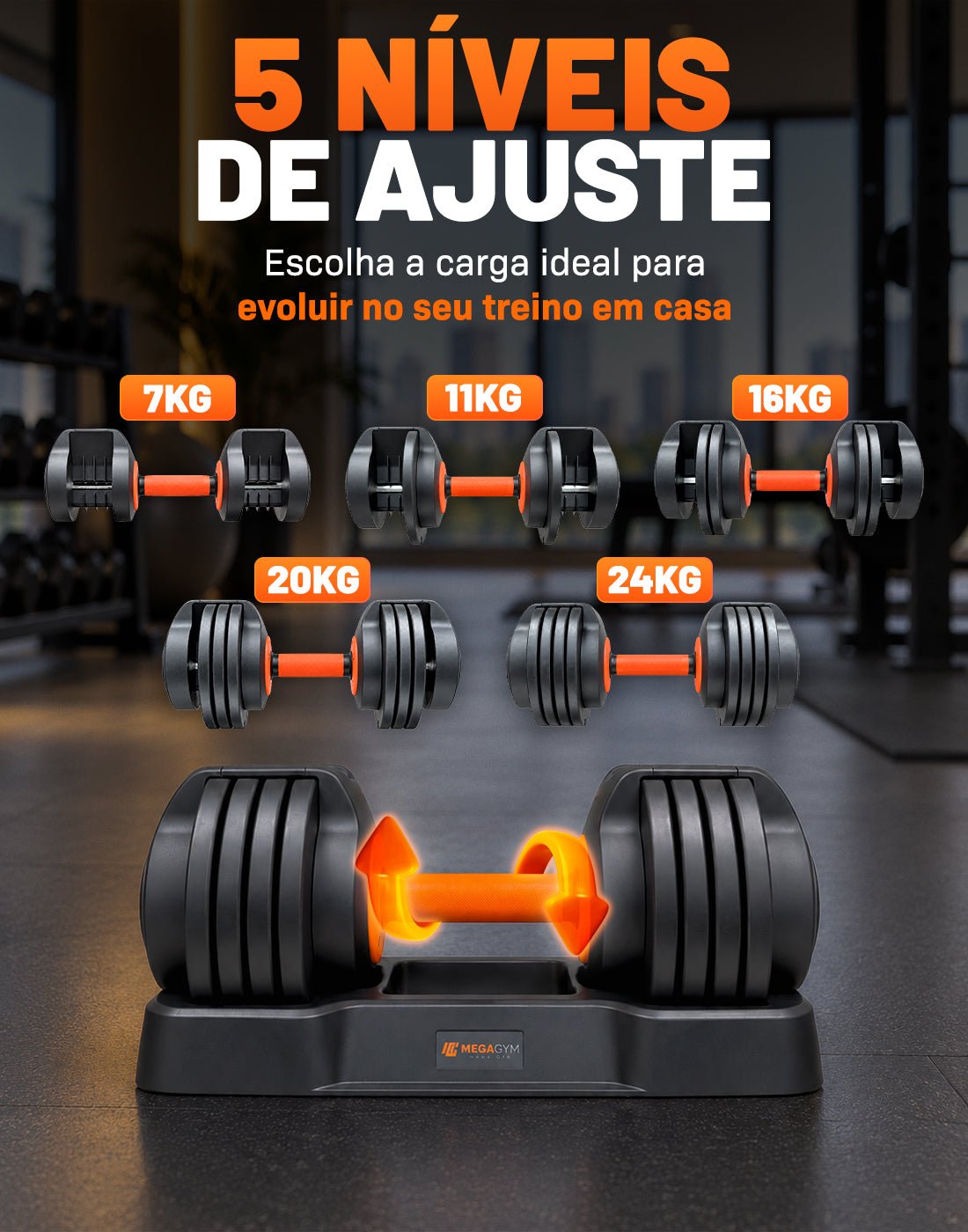Halter Dumbbell Regulável | 5 Configurações de peso | Base para suporte dos Halteres - MegaGym