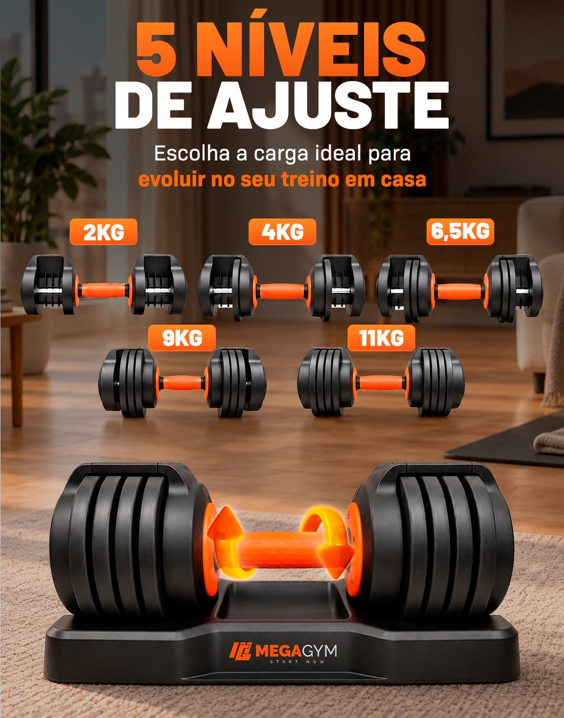 Halter Dumbbell Regulável | 5 Configurações de peso | Base para suporte dos Halteres - MegaGym