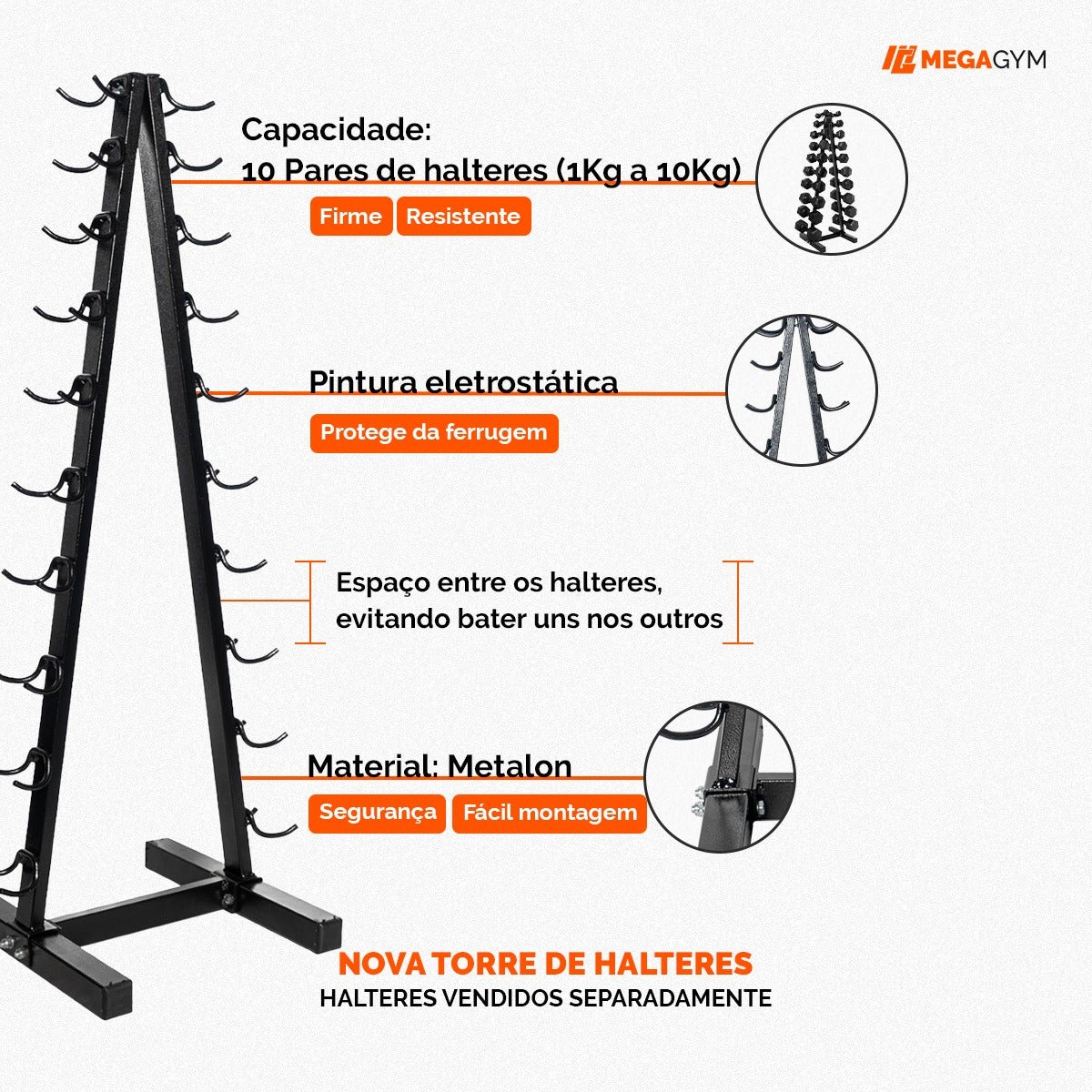 Kit Torre Suporte Expositor + 10 Pares De Halteres Sextavados Emborrachados 1 Á 10KG - MegaGym