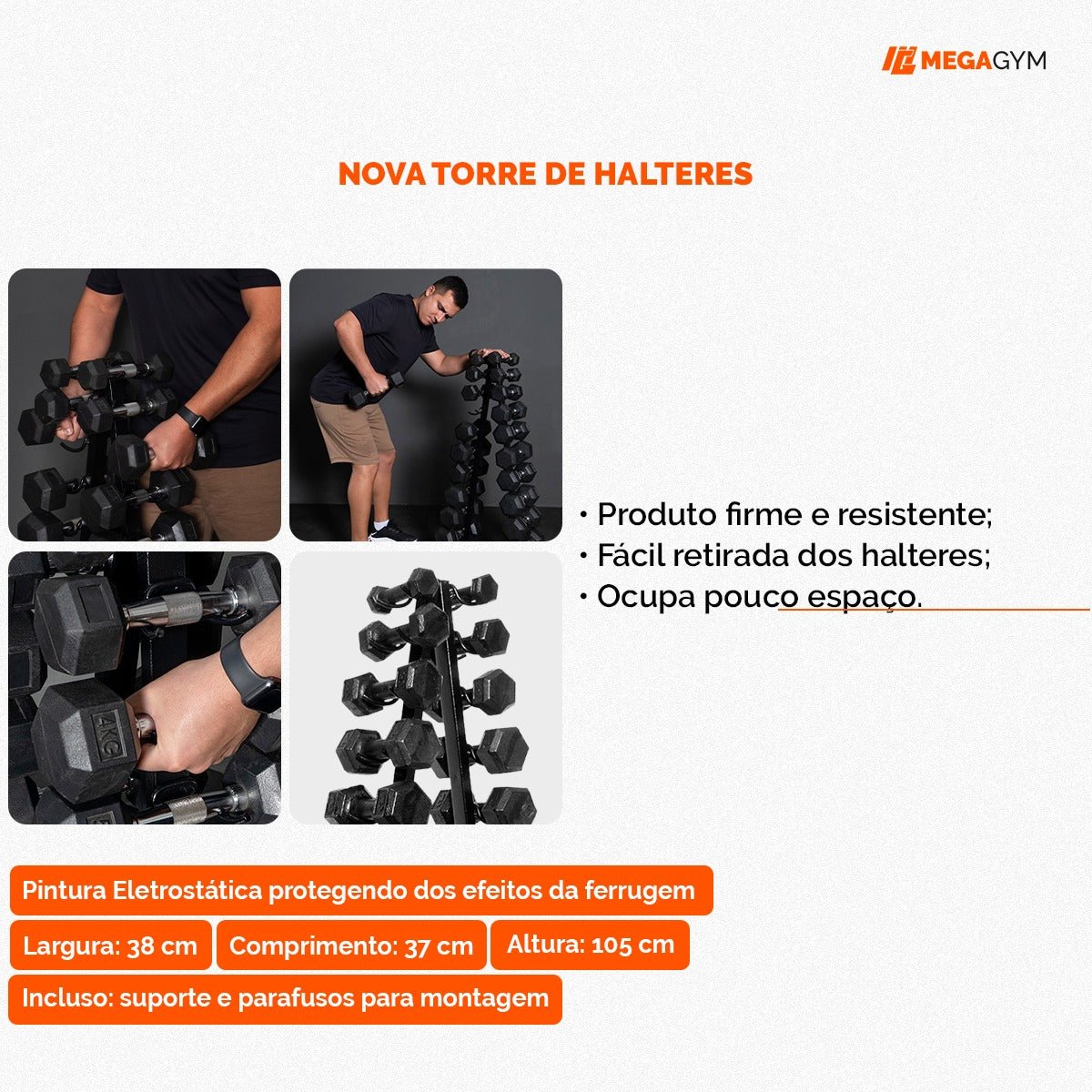 Kit Torre Suporte Expositor + 10 Pares De Halteres Sextavados Emborrachados 1 Á 10KG - MegaGym