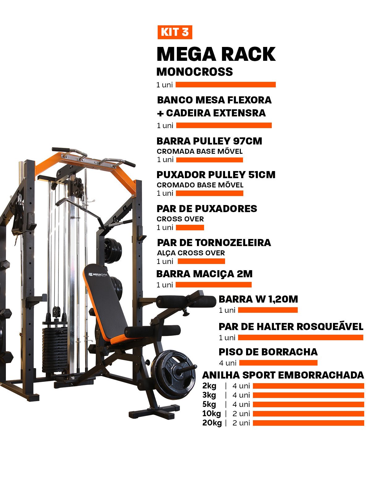 Kit 3 Estação De Musculação Mega Rack Full Com Polia Móvel Flutuante - MegaGym