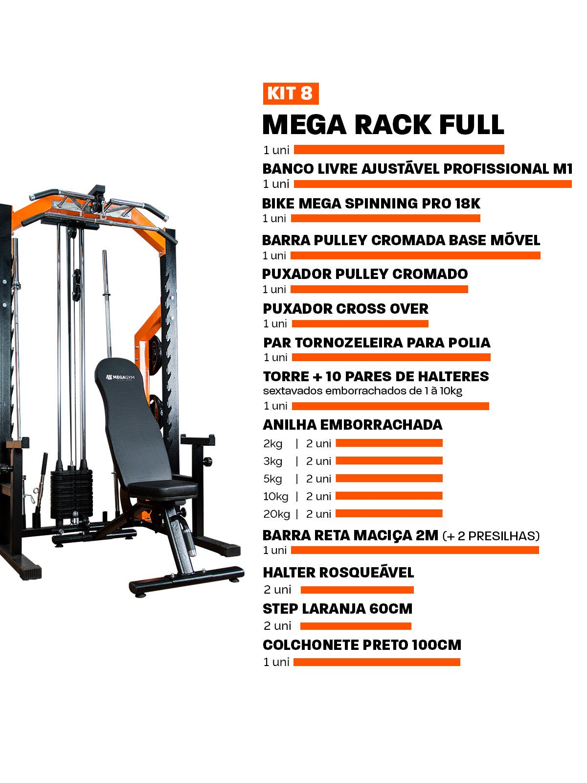 Kit 8 Estação De Musculação Mega Rack Full Com Polia Móvel Flutuante 82Kg - MegaGym