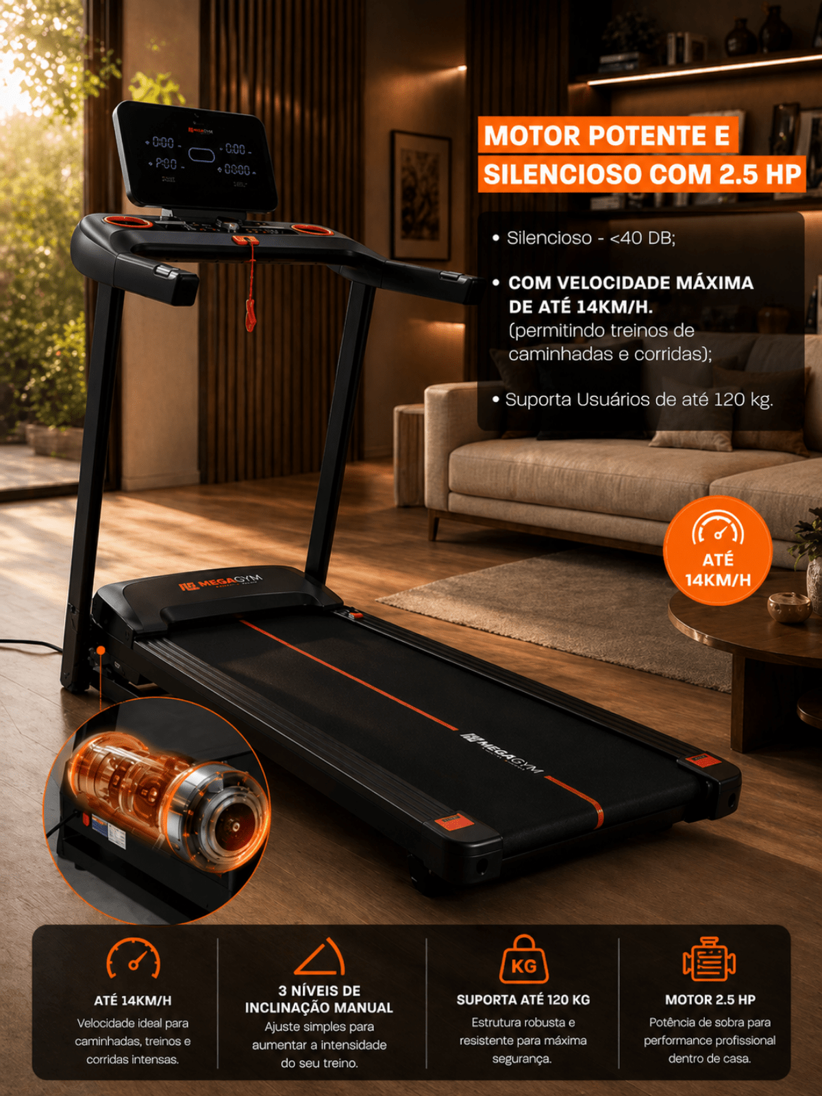 Esteira Ergométrica Elétrica Smart Pace 14km/h | Motor 2.5 HP | Bluetooth |Suporta até 120kg - MegaGym
