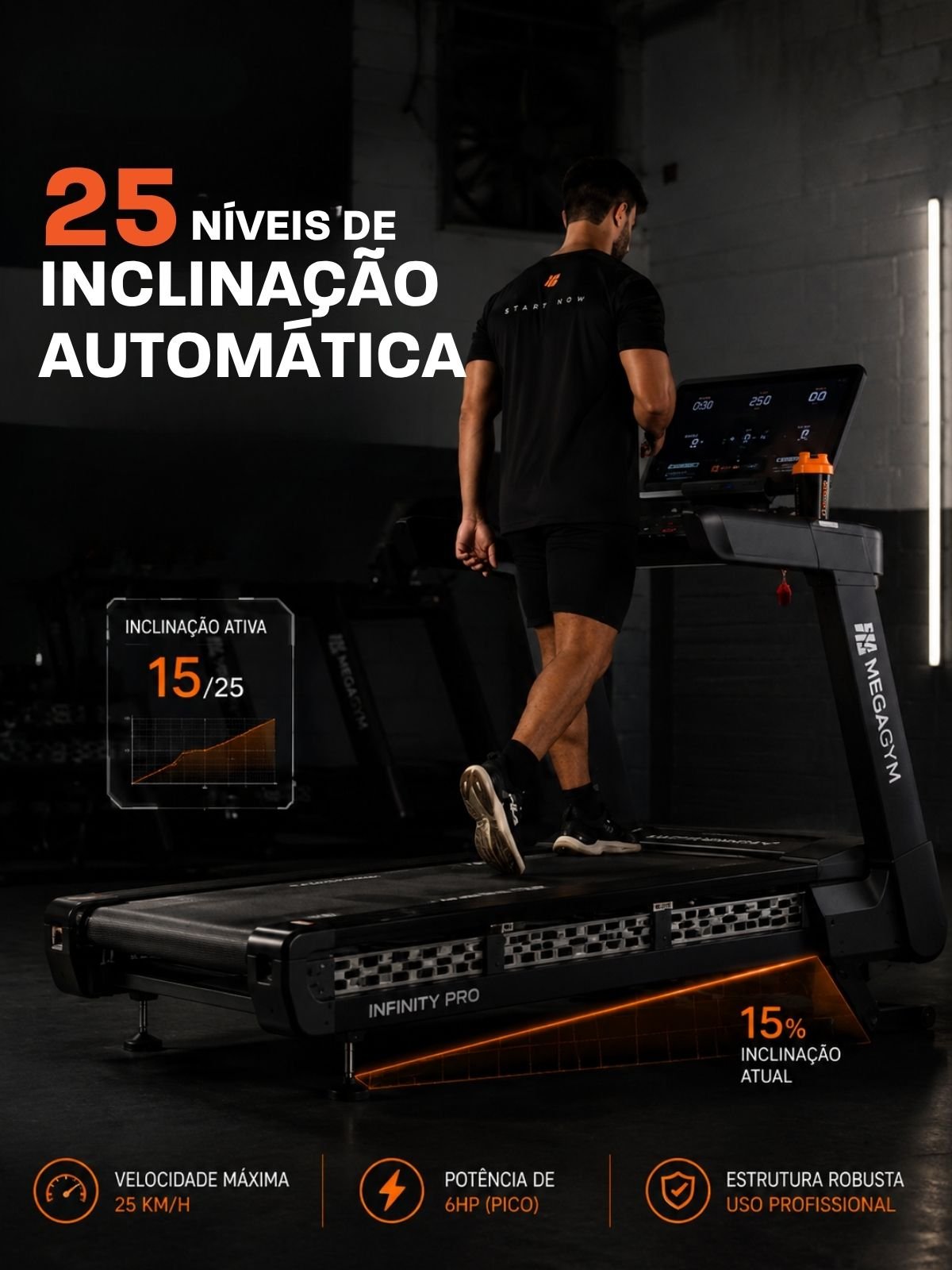 Esteira Profissional Infinity Pro | 25 km/h | Suporta 200 kg | Motor AC 6 HPP | Inclinação Automática com 25 Níveis - MegaGym