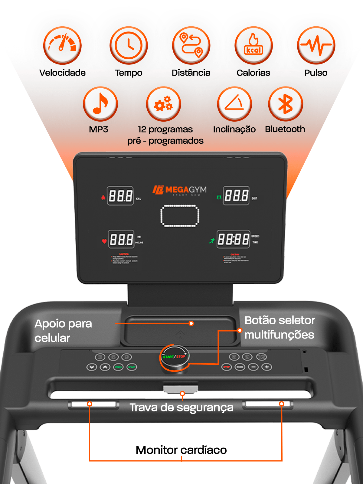 Esteira Ergométrica Elétrica Smart Pace Ultra 20km/h | Motor 5.0 HPP | Bluetooth |Suporta até 160kg | Semi Profissional - MegaGym