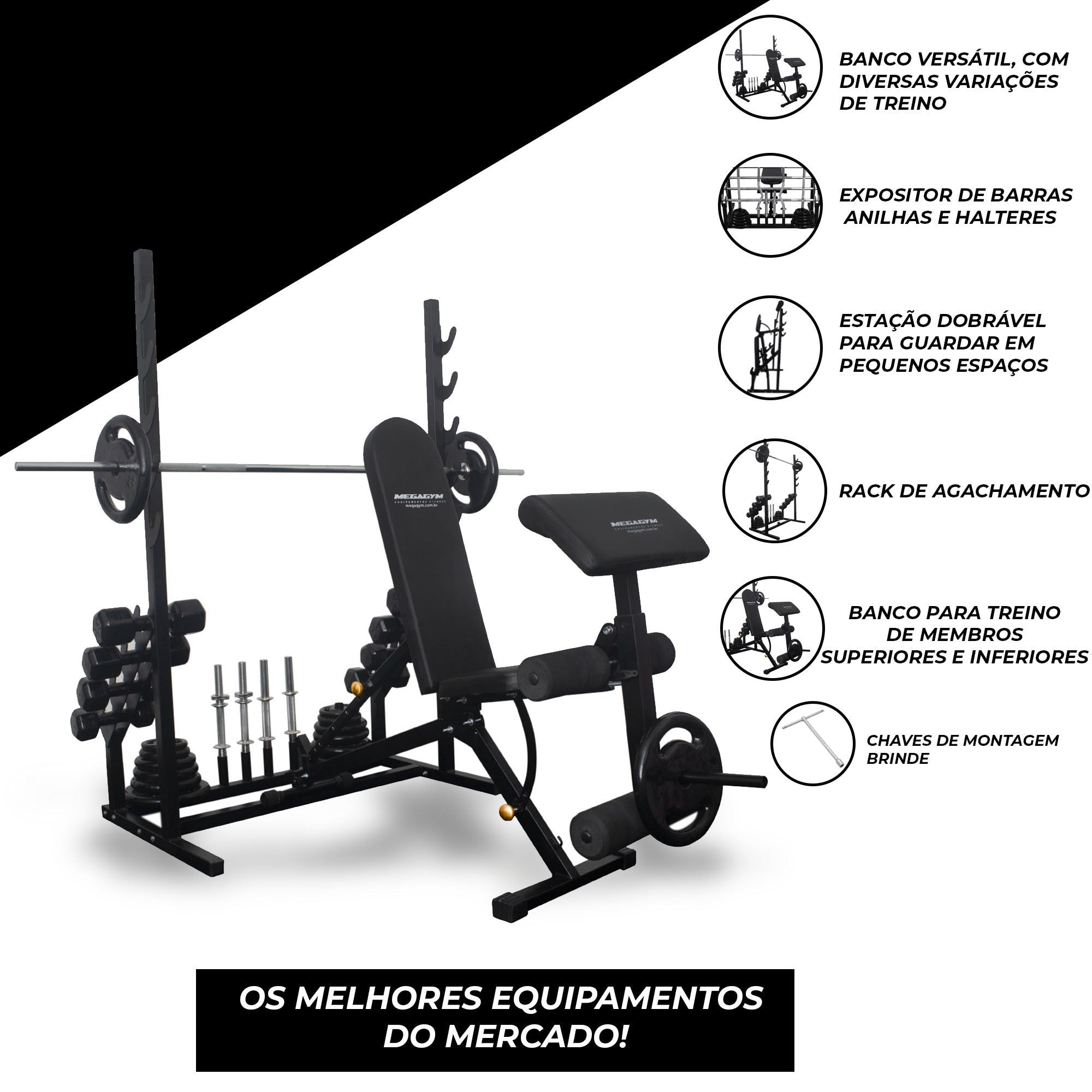 Banco Regulável 10x1 com Cadeira Extensora + Scot + Rack Agachamento - MegaGym