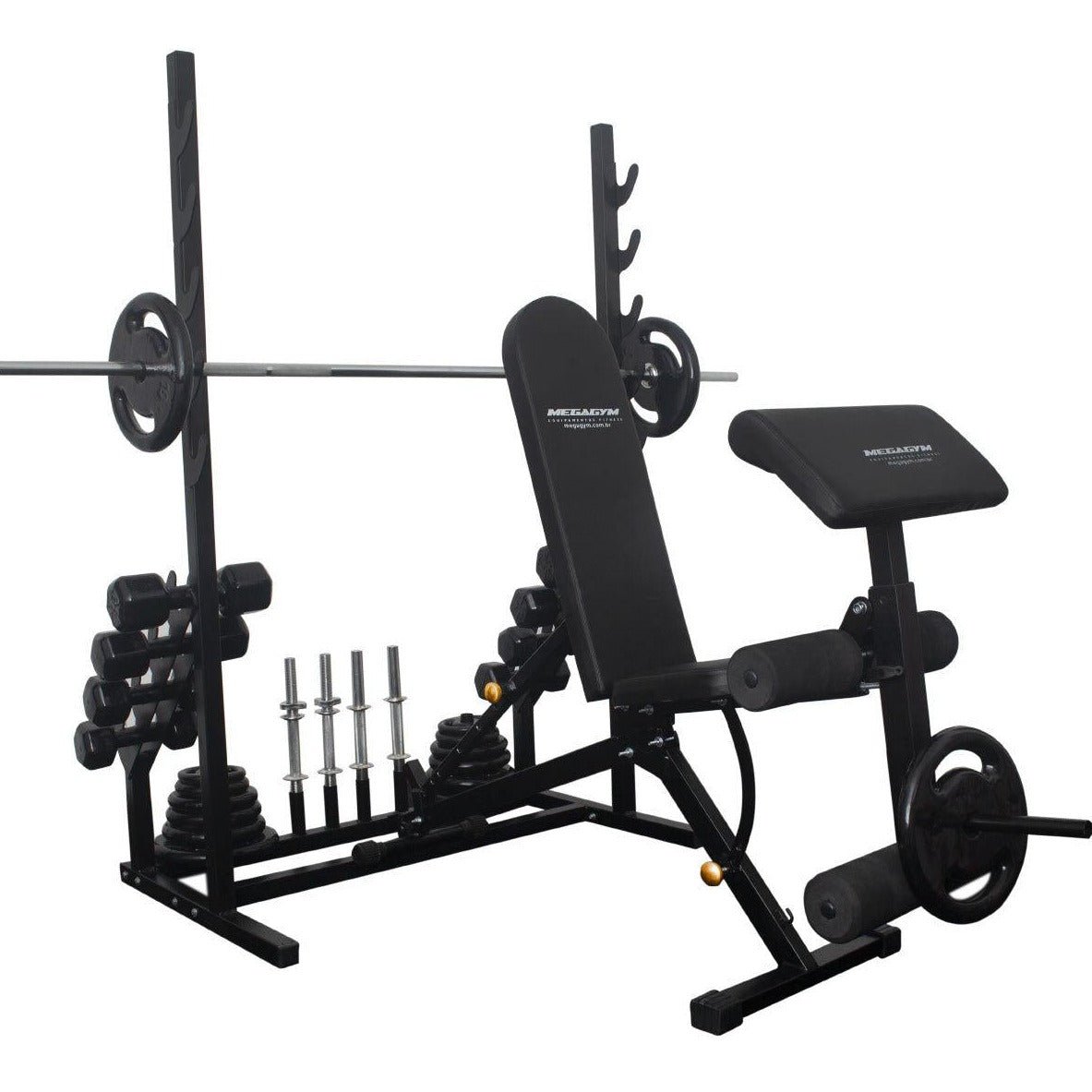 Banco Regulável 10x1 com Cadeira Extensora + Scot + Rack Agachamento - MegaGym