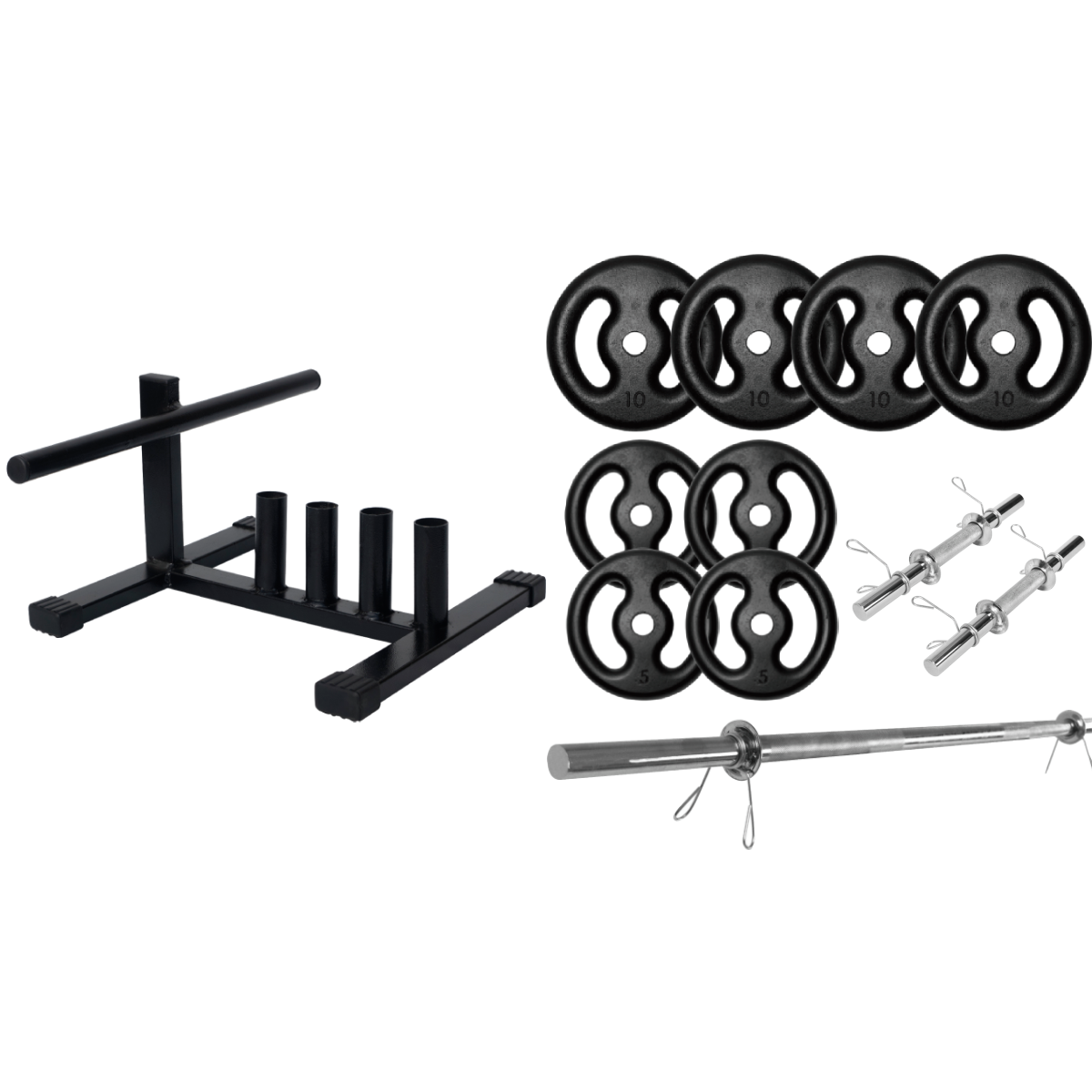 Kit Treino Barras e Halteres Maciços + Suporte + 60Kg Anilhas