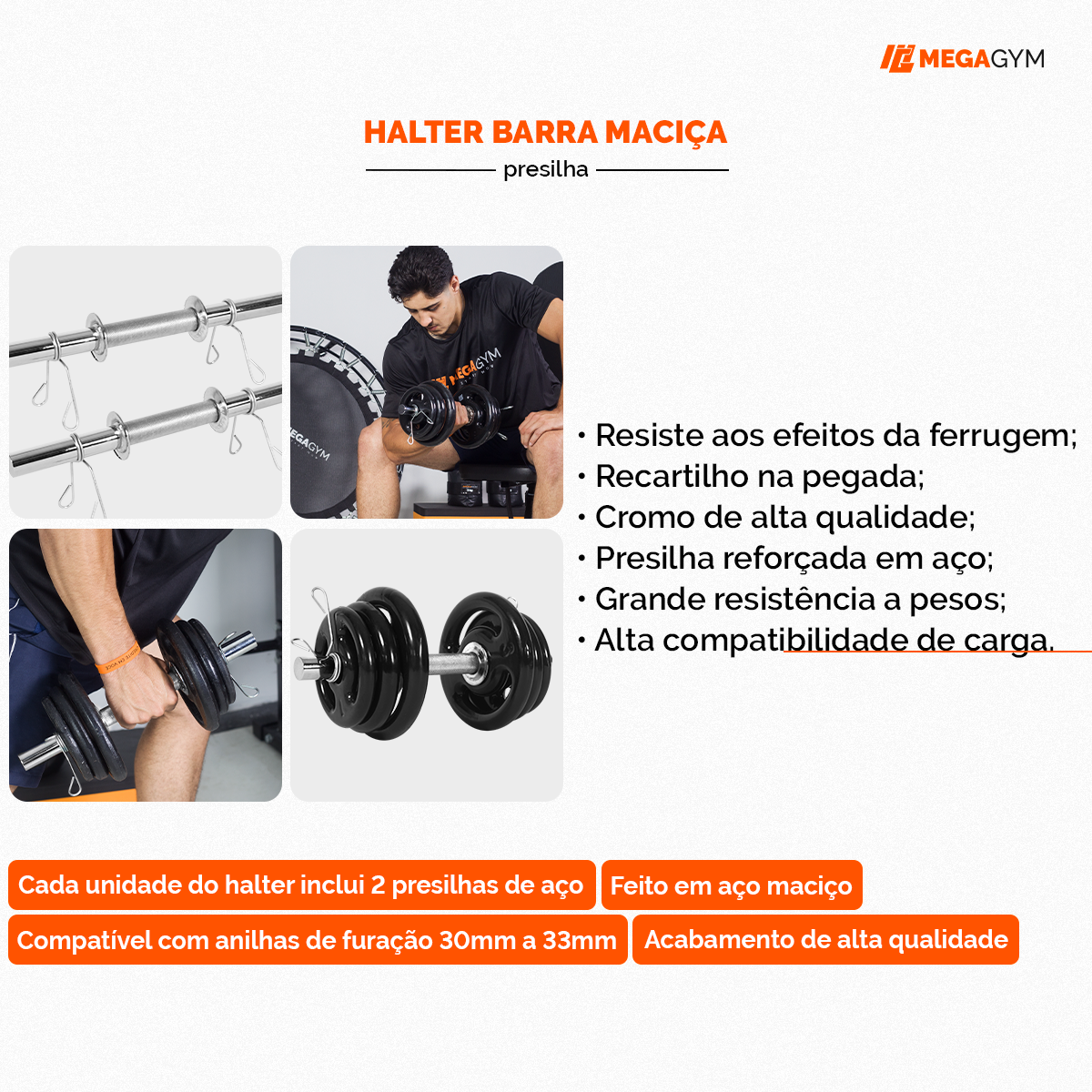 Halter Barra 40cm 28,57mm Maciça Com Presilhas Cromada