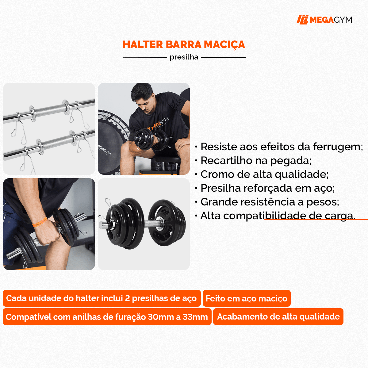 Halter Maciço 40Cm Cromado Com Presilha - MegaGym