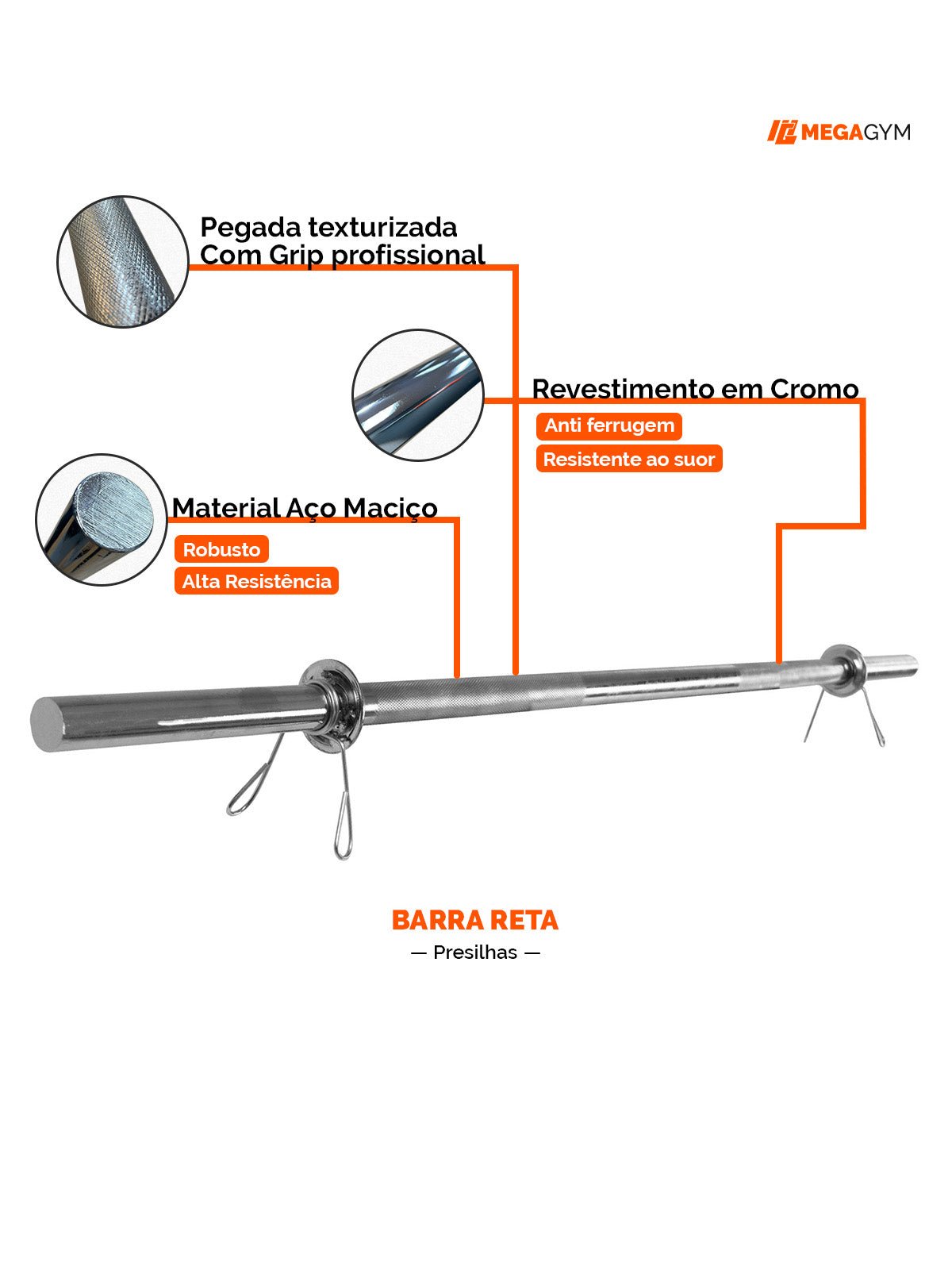 Barra Reta Maciça Cromada 25,40mm - MegaGym