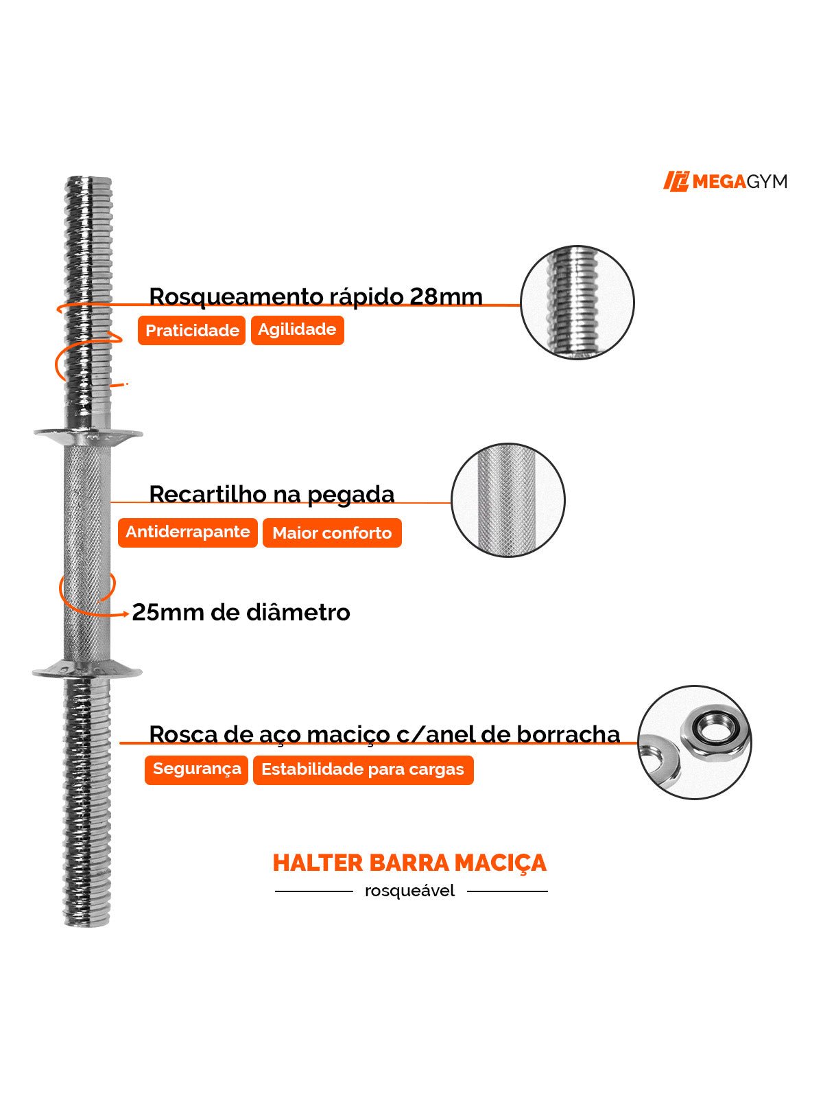 Halter Maciço 40Cm Cromado Com Rosca - MegaGym