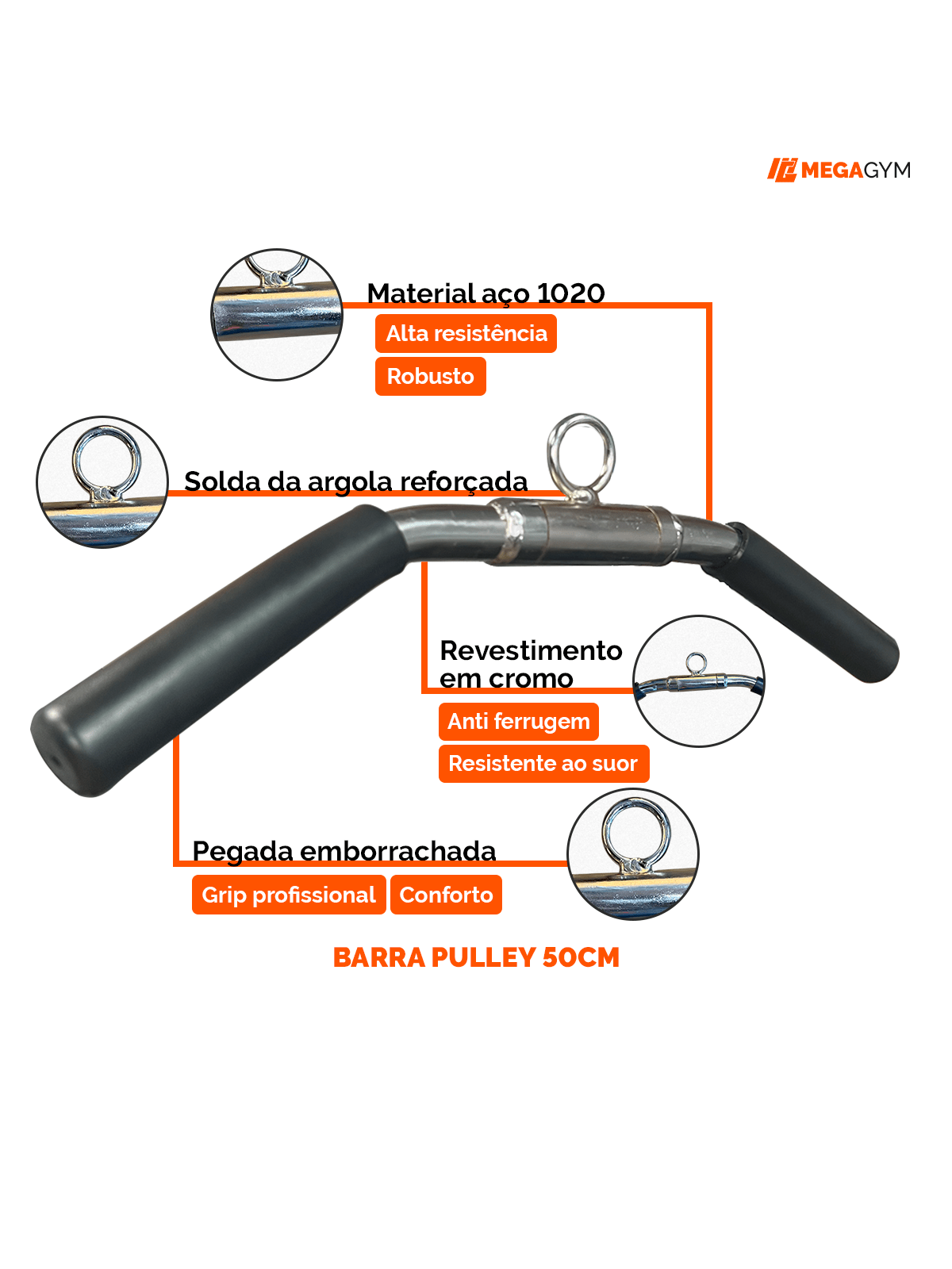 Puxador Pulley Curvado 50 cm Articulado Cromado - MegaGym