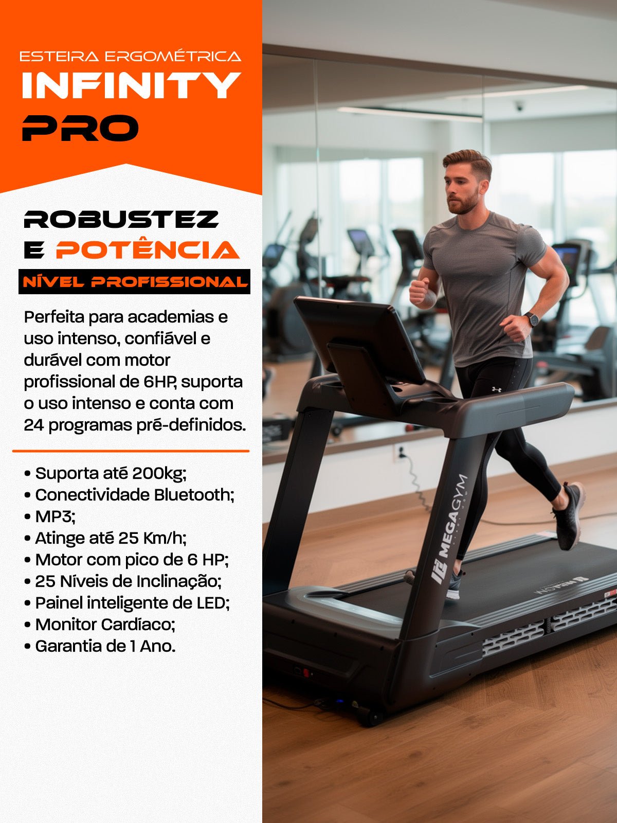 Esteira Profissional Infinity Pro | 25 km/h | Suporta 200 kg | Motor AC 6 HPP | Inclinação Automática com 25 Níveis - MegaGym