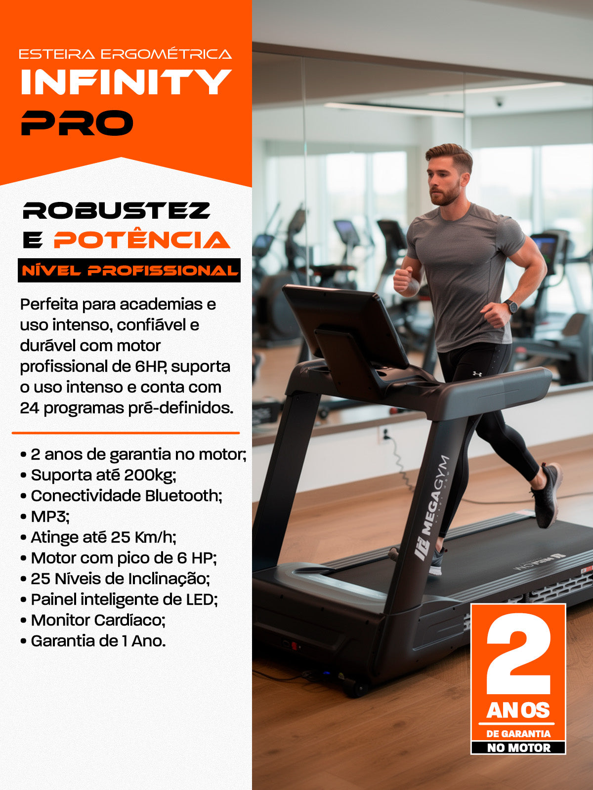 Esteira Profissional Infinity Pro | 25 km/h | Suporta 200 kg | Motor AC 6 HPP | Inclinação Automática com 25 Níveis - MegaGym