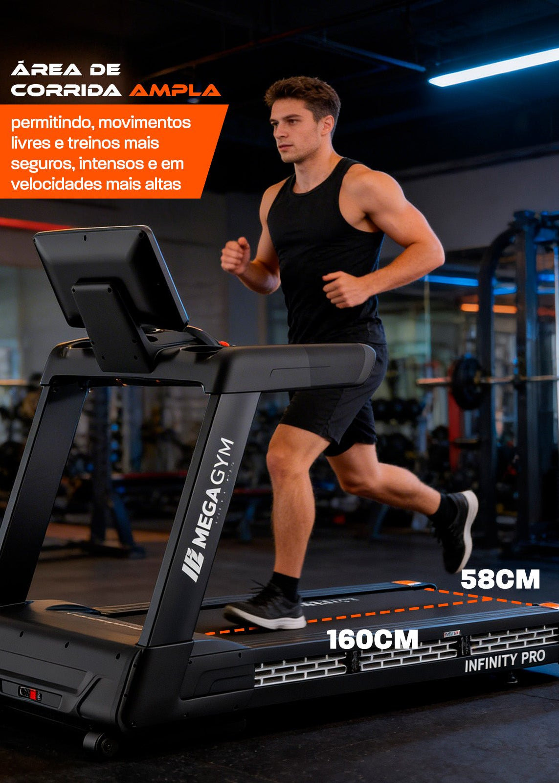Esteira Profissional Infinity Pro | 25 km/h | Suporta 200 kg | Motor AC 6 HPP | Inclinação Automática com 25 Níveis - MegaGym