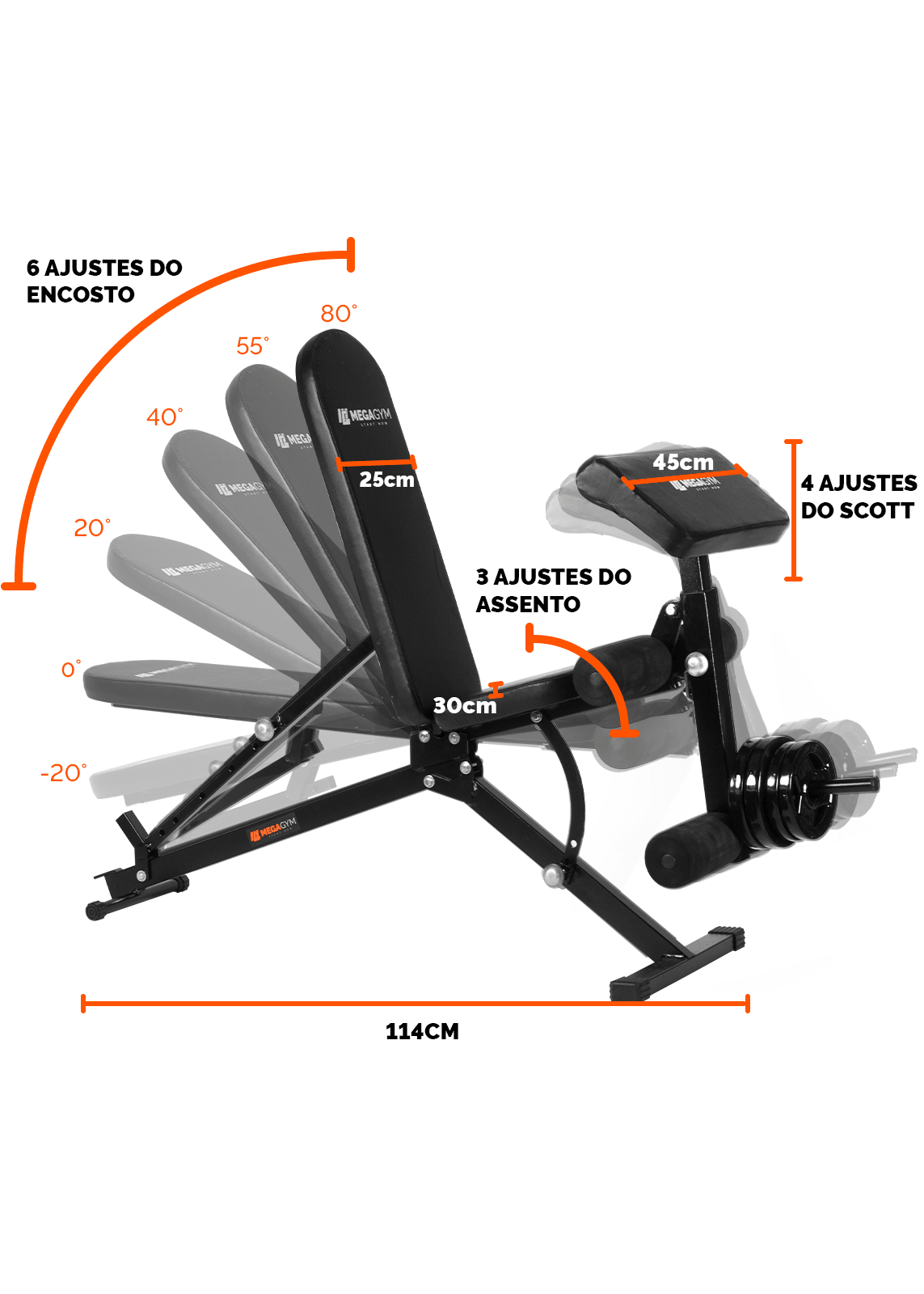 Banco 10x1 P/ Supino Com Rosca Scott Cadeira Extensora Laranja - MegaGym