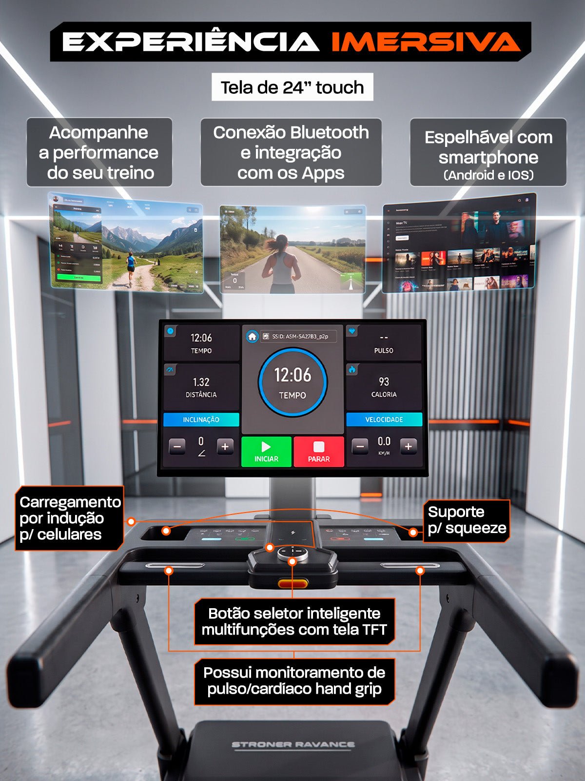 Esteira Ergométrica Elétrica SMART XPERIENCE 22 Km/h | Tela Touch 24 | 18 Níveis de inclinação Automática Sincronizada aos Apps | Motor 3 Hpp - MegaGym