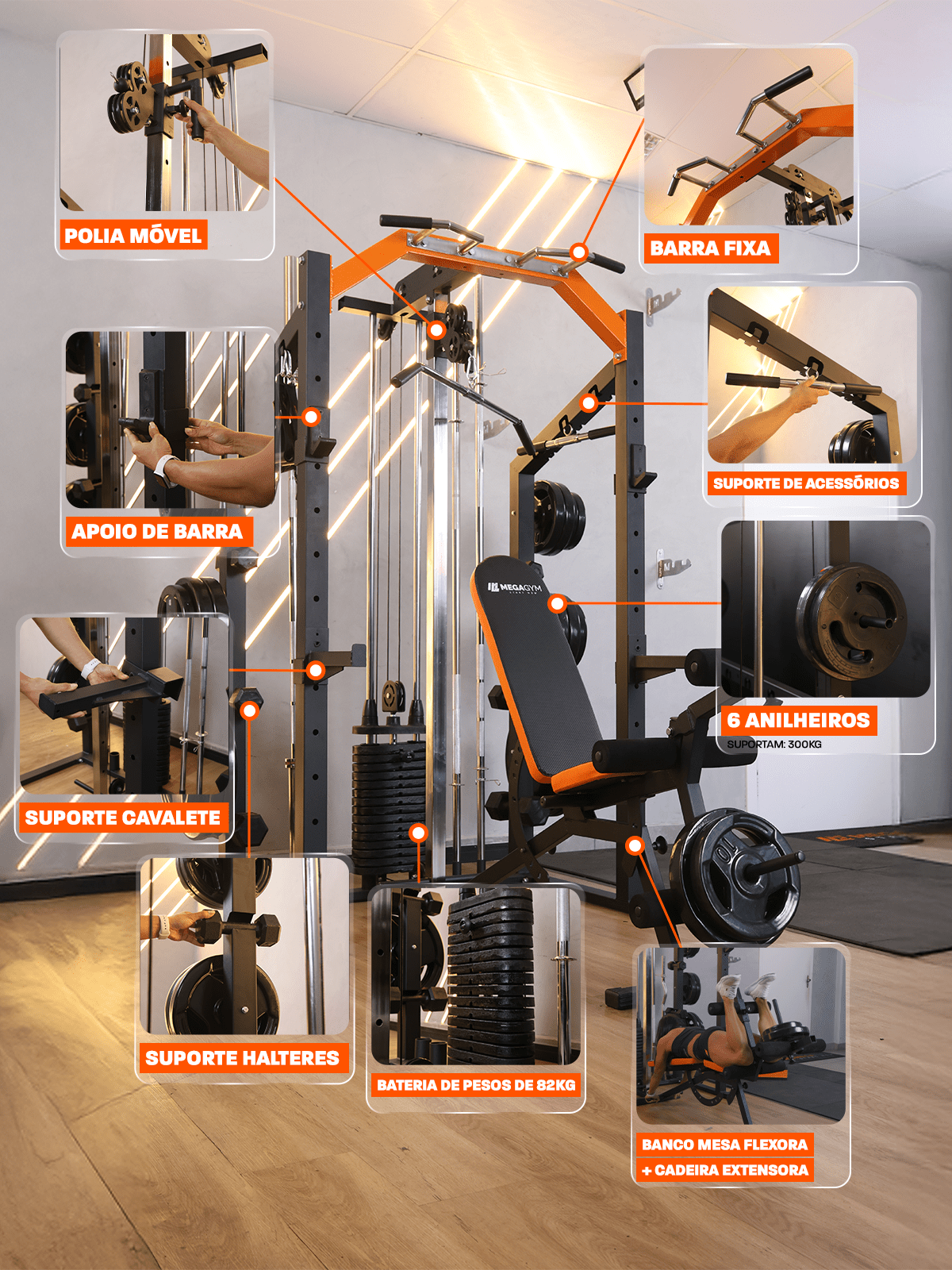 Kit 5 Estação De Musculação Mega Rack Full Com Polia Móvel Flutuante - MegaGym