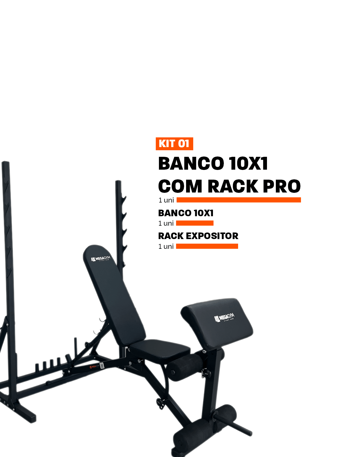 Banco Regulável 10x1 com Cadeira Extensora + Scott + Rack Agachamento - MegaGym