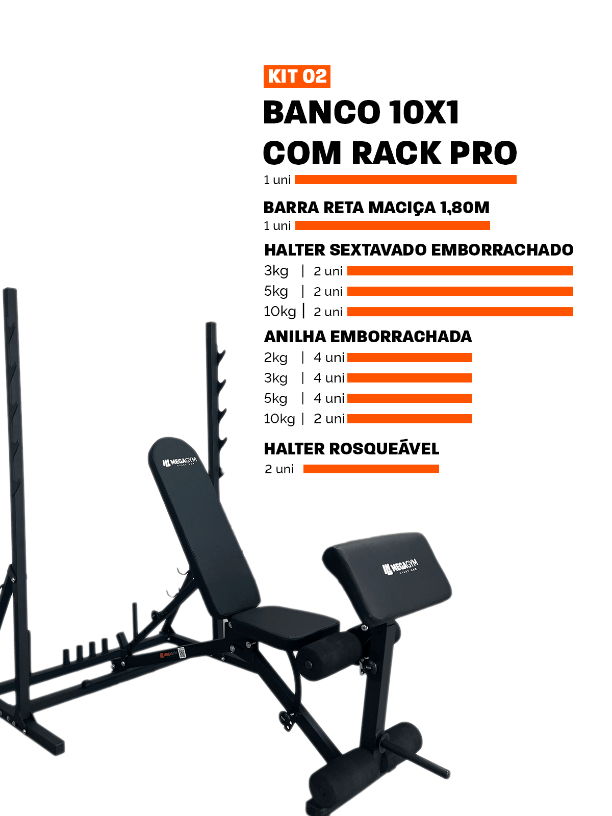 Banco Regulável 10x1 com Cadeira Extensora + Scott + Rack Agachamento - MegaGym