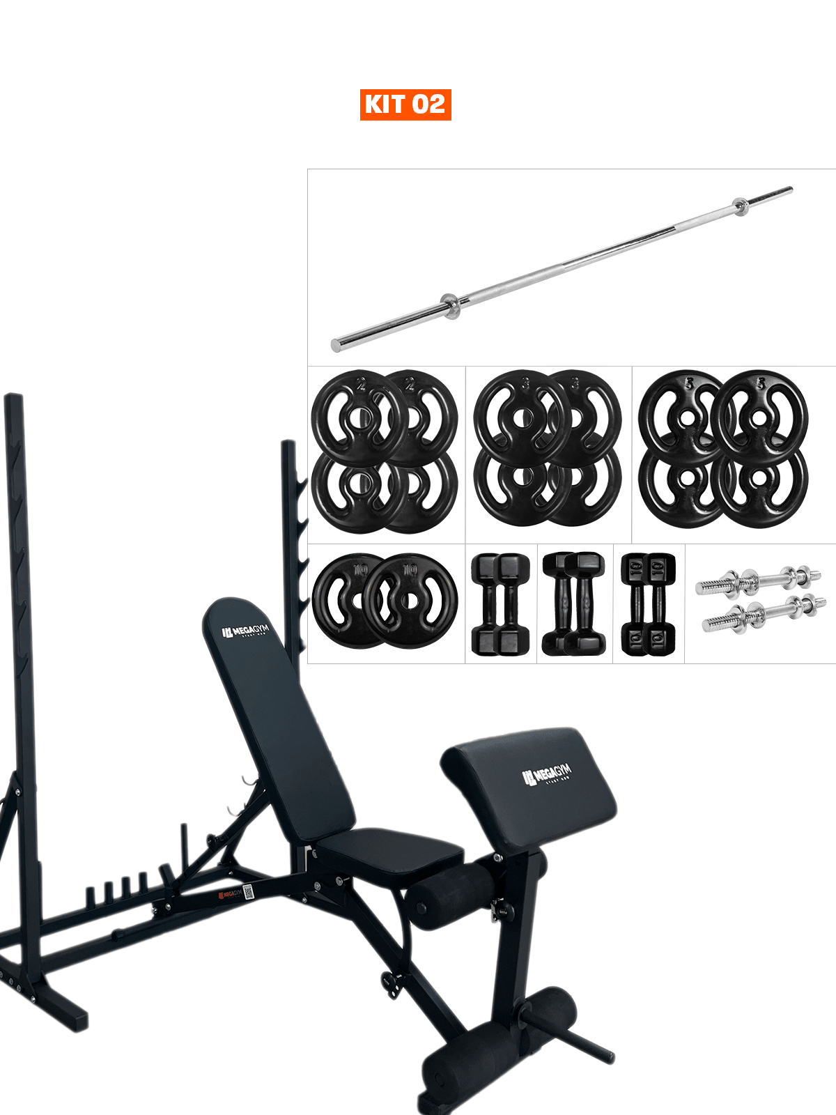 Banco Regulável 10x1 com Cadeira Extensora + Scott + Rack Agachamento - MegaGym