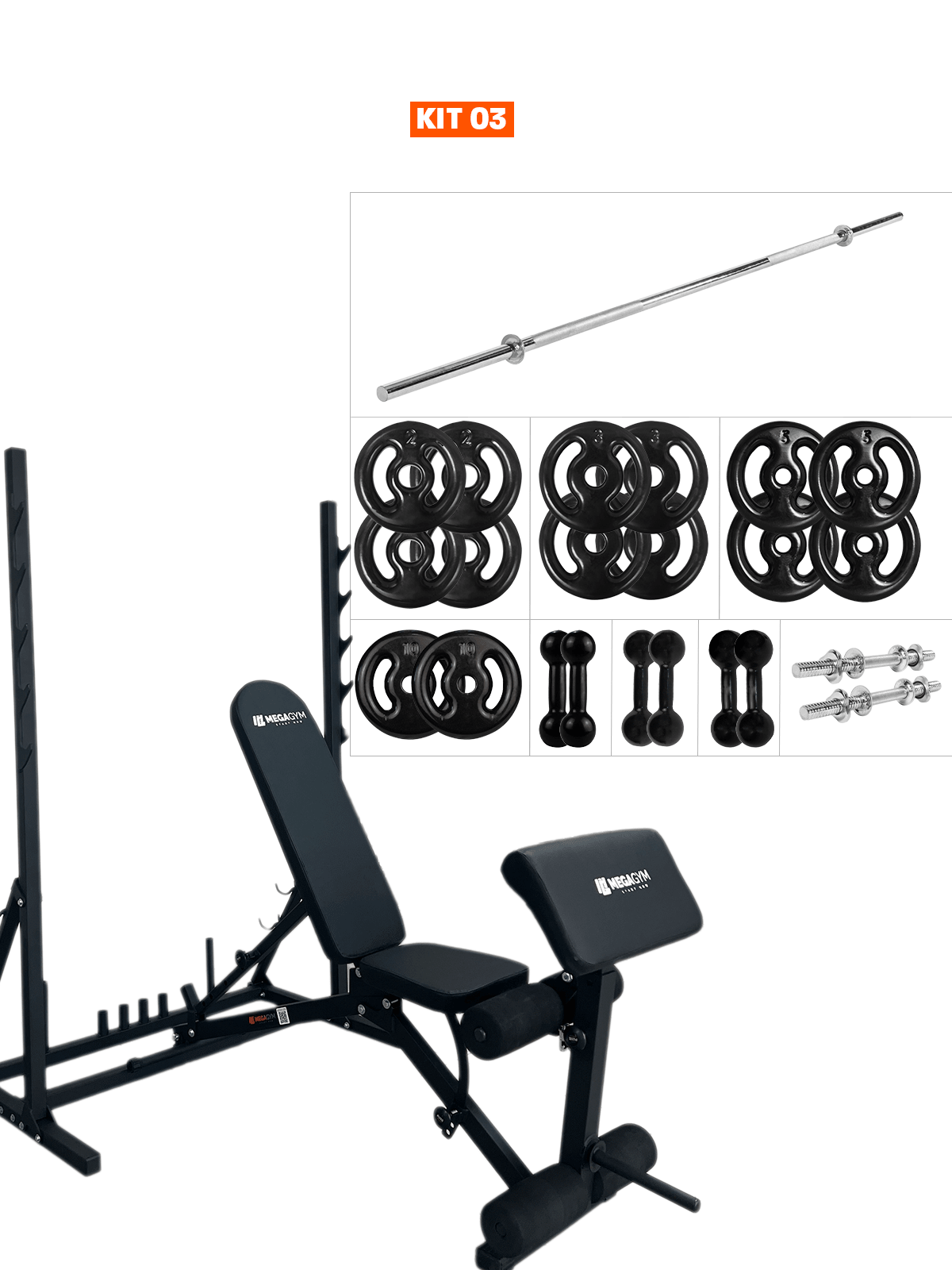 Banco Regulável 10x1 com Cadeira Extensora + Scott + Rack Agachamento - MegaGym