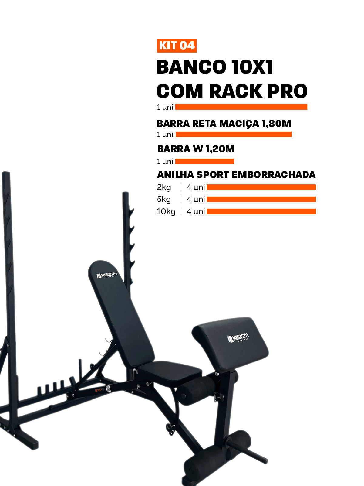 Banco Regulável 10x1 com Cadeira Extensora + Scott + Rack Agachamento - MegaGym