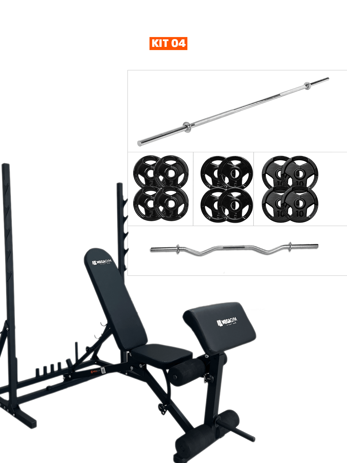 Banco Regulável 10x1 com Cadeira Extensora + Scott + Rack Agachamento - MegaGym