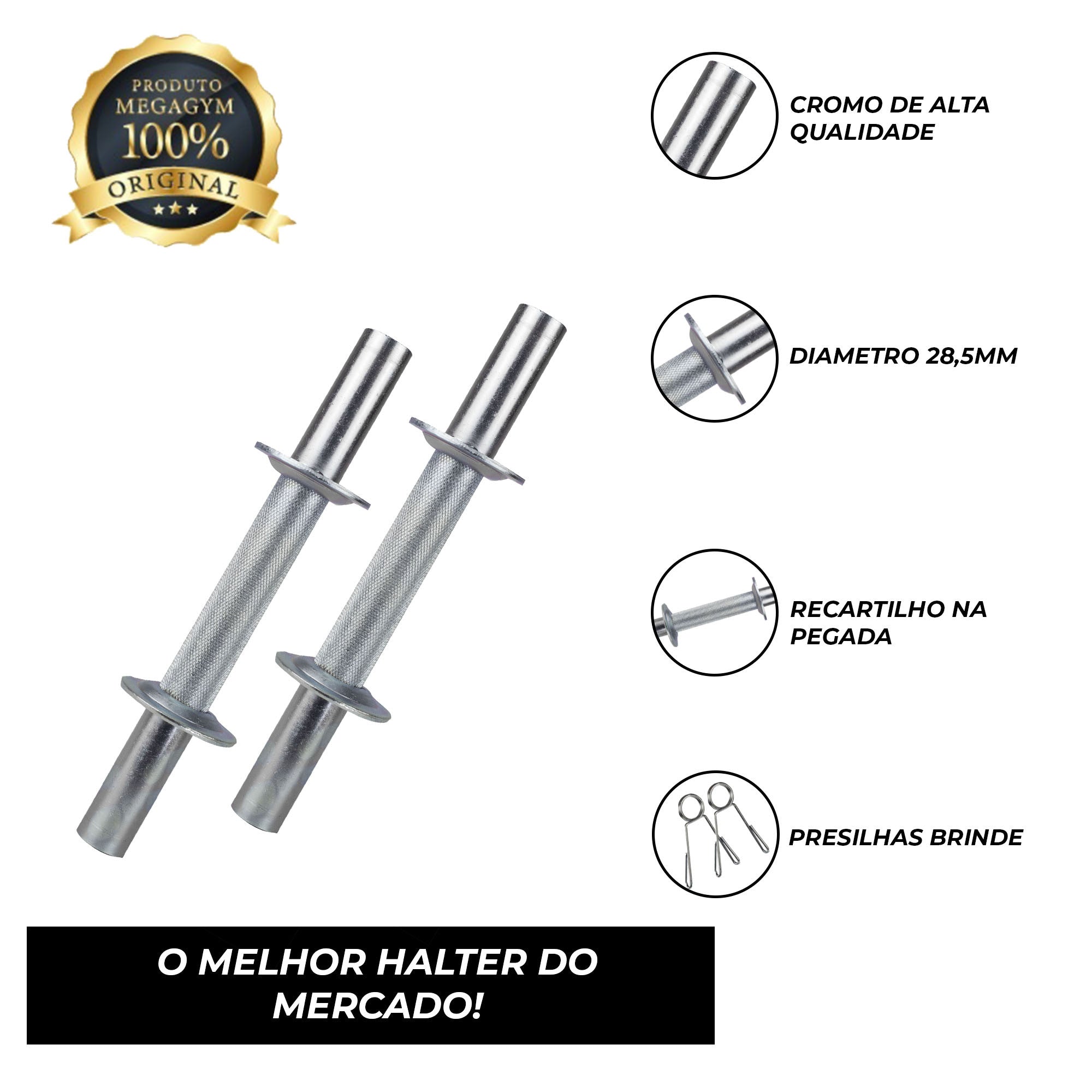 HALTER BARRA MAÇICA C/ PRESILHAS 35CM CROMADA - DIAM. 28,57MM-MEGAGYM