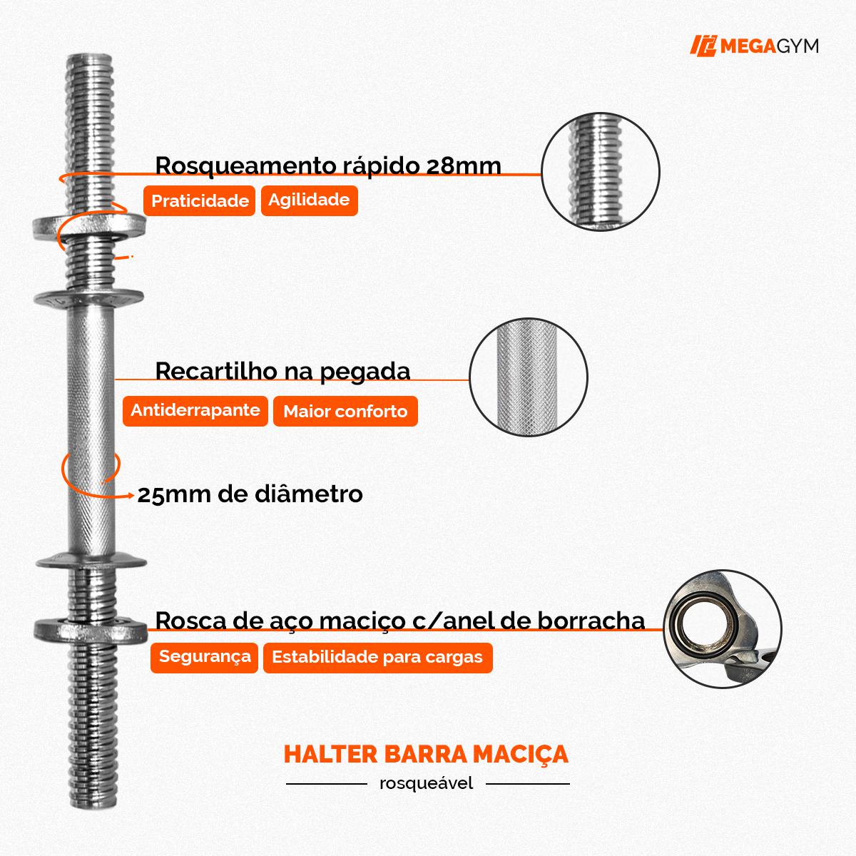 HALTER BARRA MACIÇA C/ ROSCA 35CM CROMADA - DIAM. 25,40MM-MEGAGYM