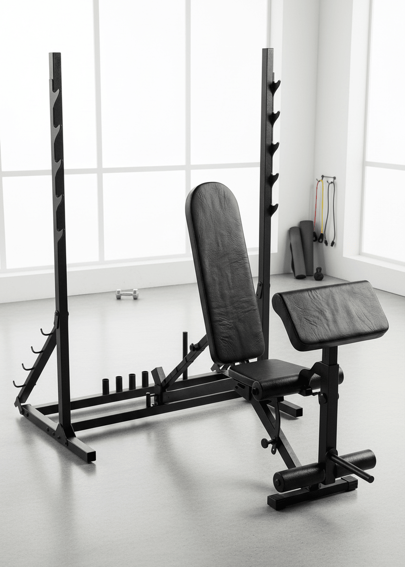 Banco Regulável 10x1 com Cadeira Extensora + Scott + Rack Agachamento - MegaGym