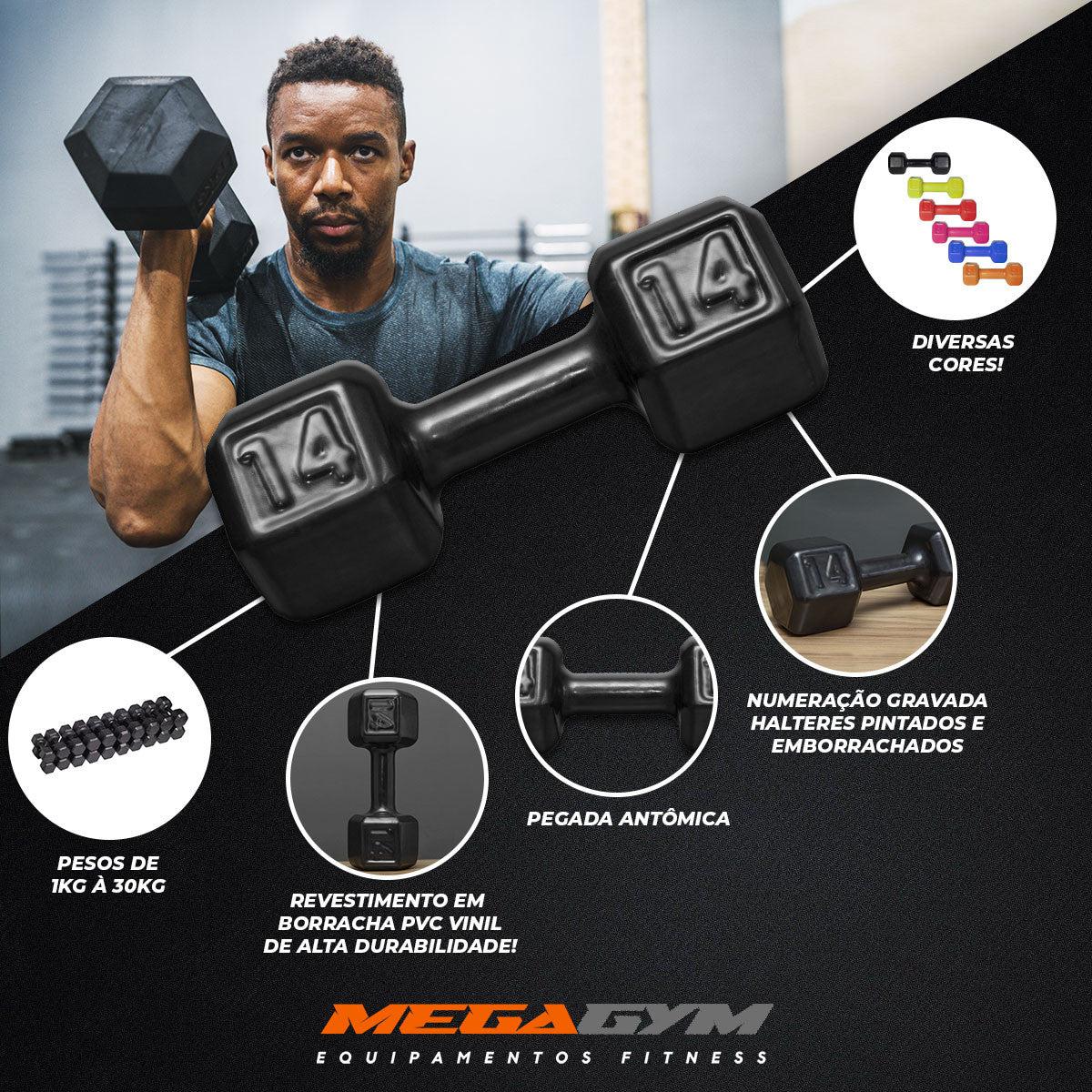 Kit Musculação Com Par Halteres Sextavados Emborrachados 1-10kg-MEGAGYM