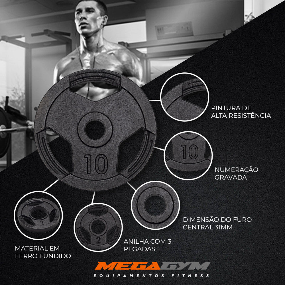 Kit Treino Com Par Halteres Barra 40cm + 24kg Anilhas Sport Pintadas-MEGAGYM