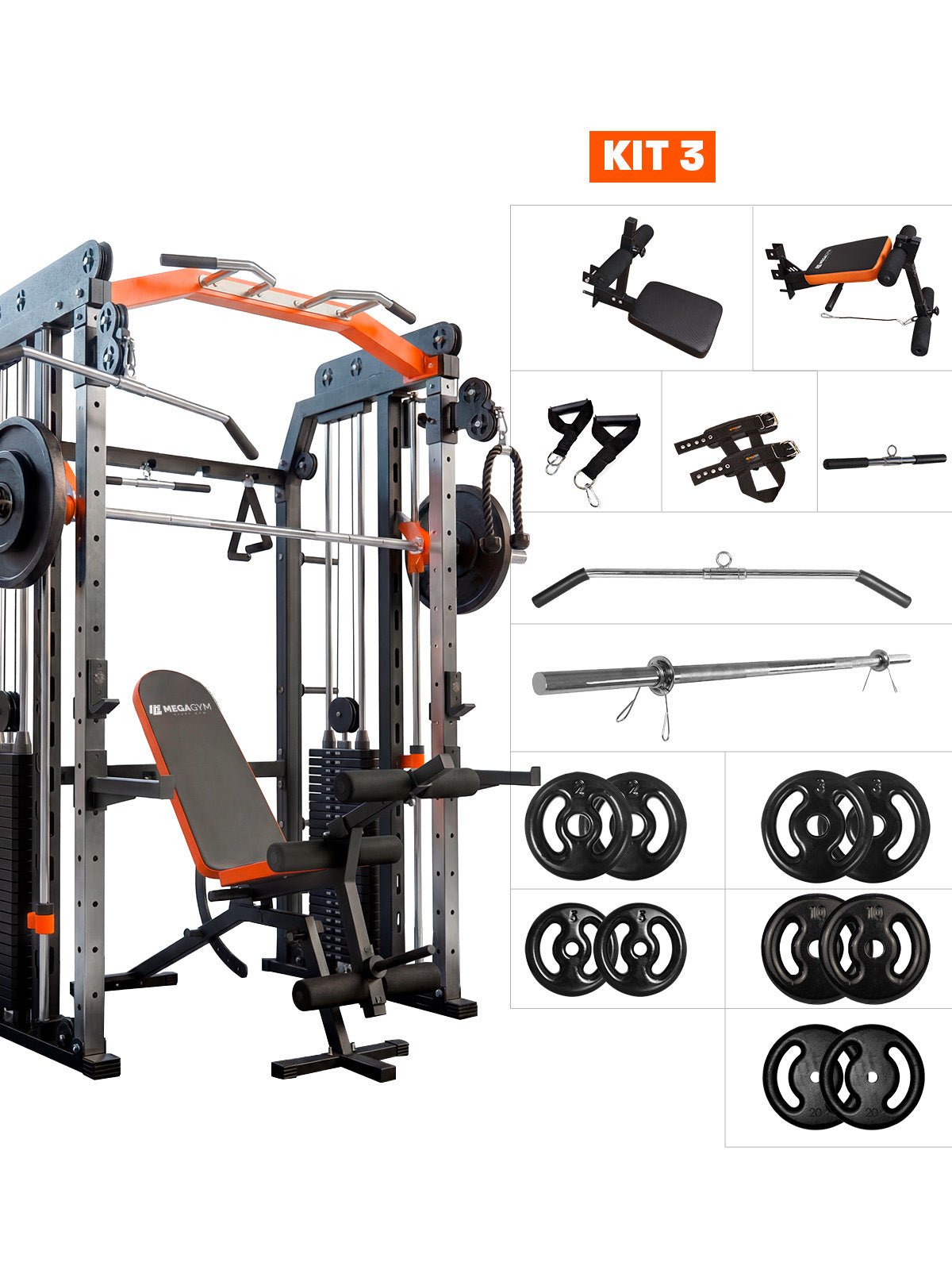 Kit 3 Multi Crossover Smith Com Rack Integrado + Barra Guiada - MegaGym