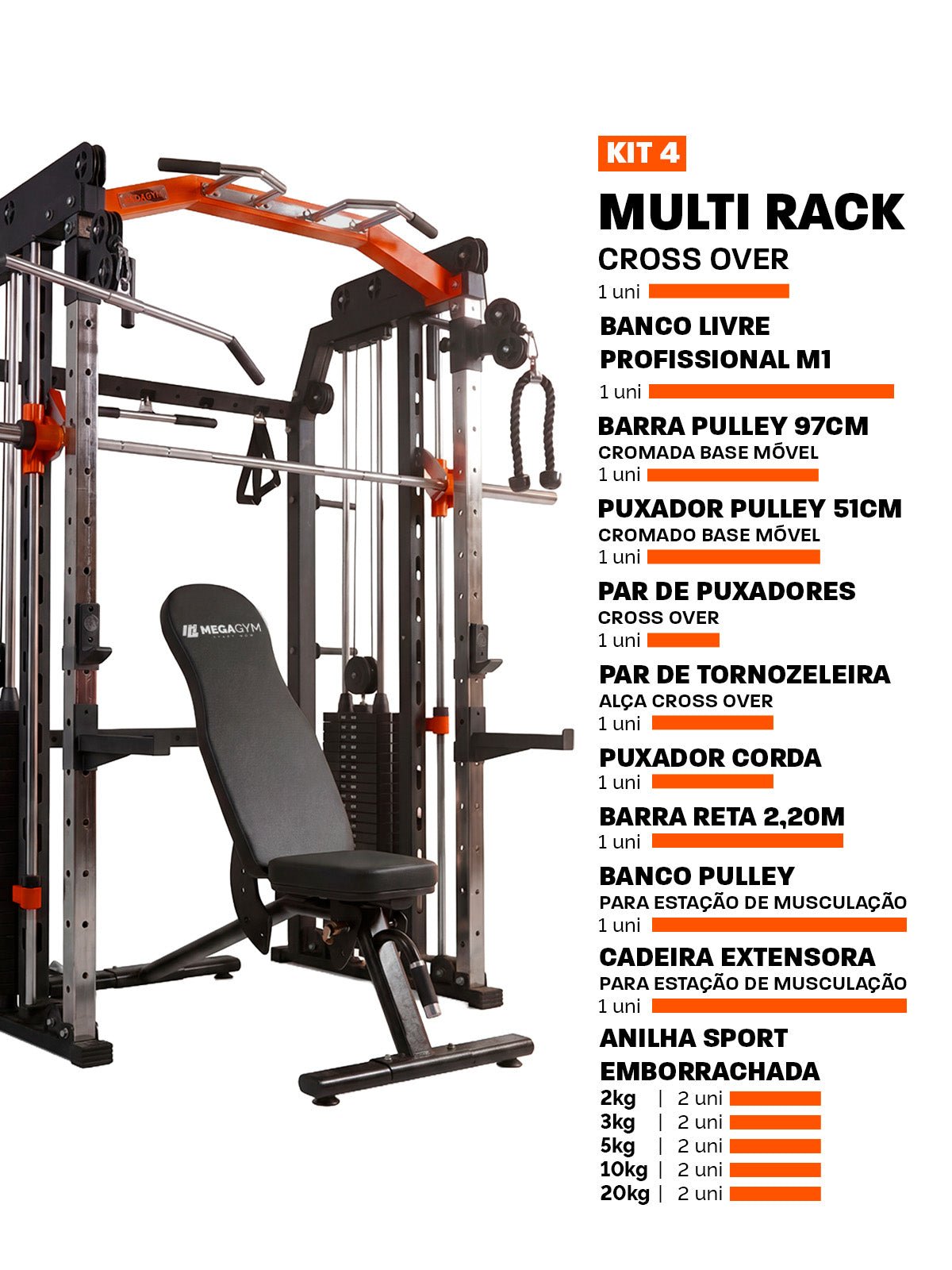 Kit 4 Multi Crossover Smith Com Rack Integrado + Barra Guiada - MegaGym