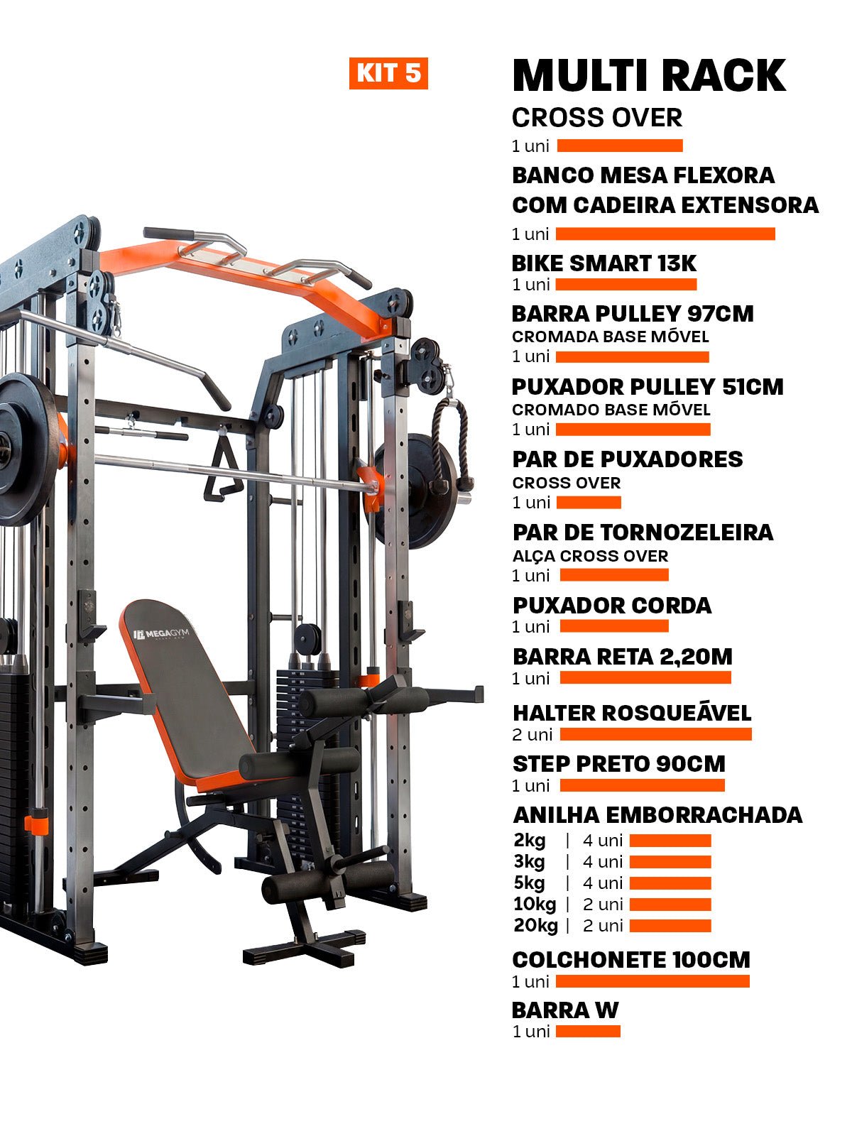 Kit 5 Multi Crossover Smith Com Rack Integrado + Barra Guiada - MegaGym