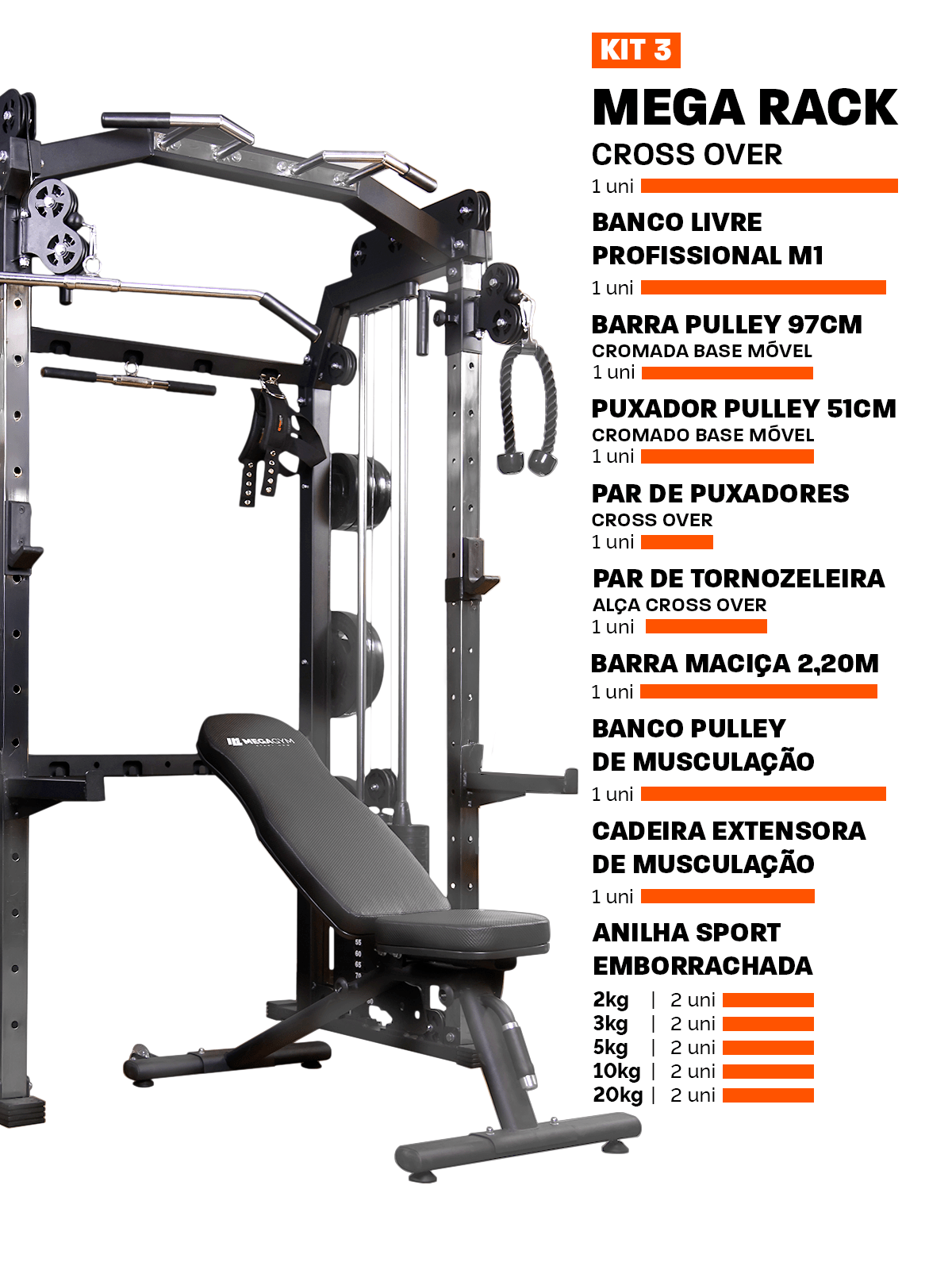 Kit 3 Estação Mega Rack Crossover Com Polia Móvel - MegaGym