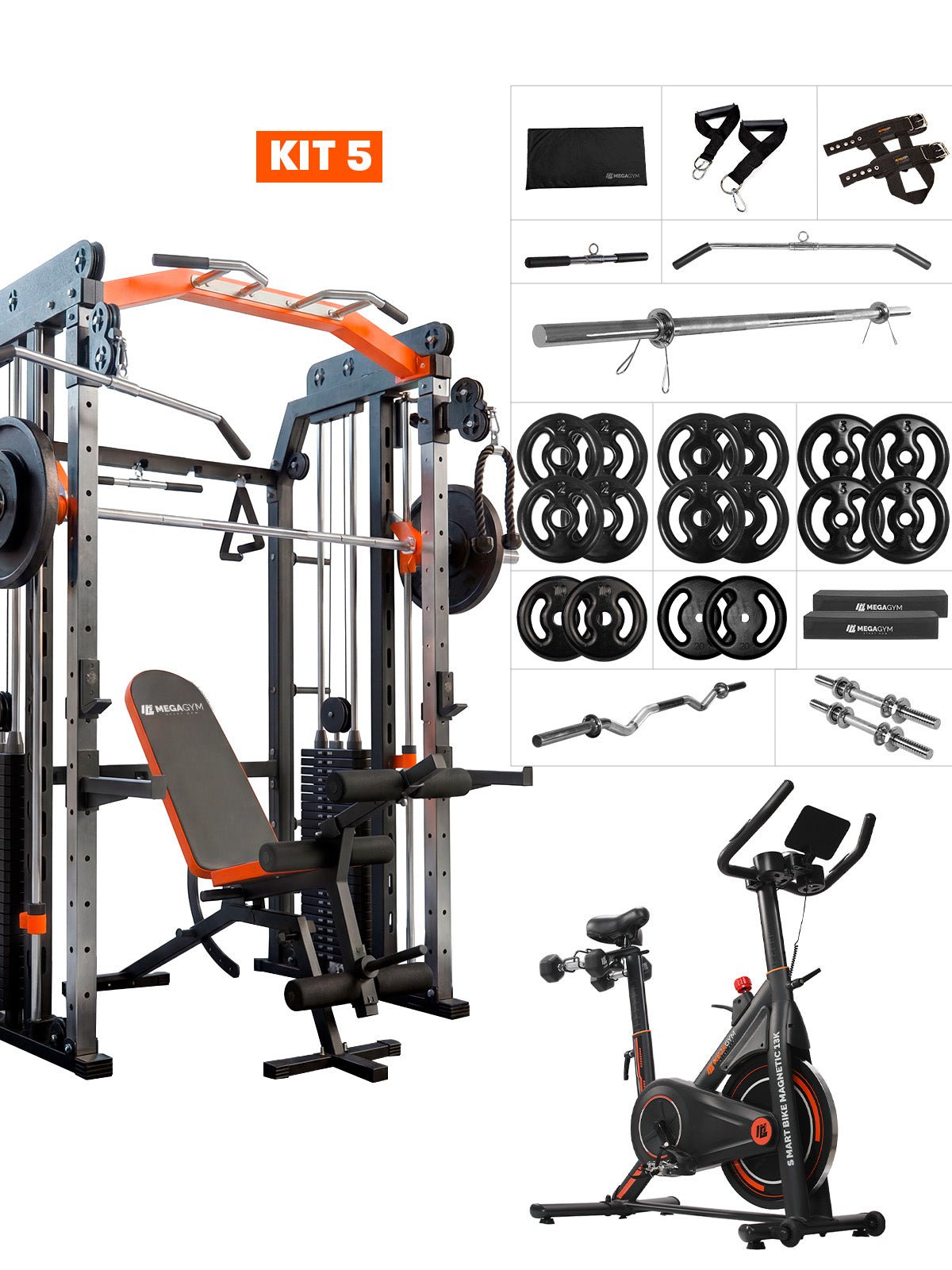 Kit 5 Multi Crossover Smith Com Rack Integrado + Barra Guiada - MegaGym