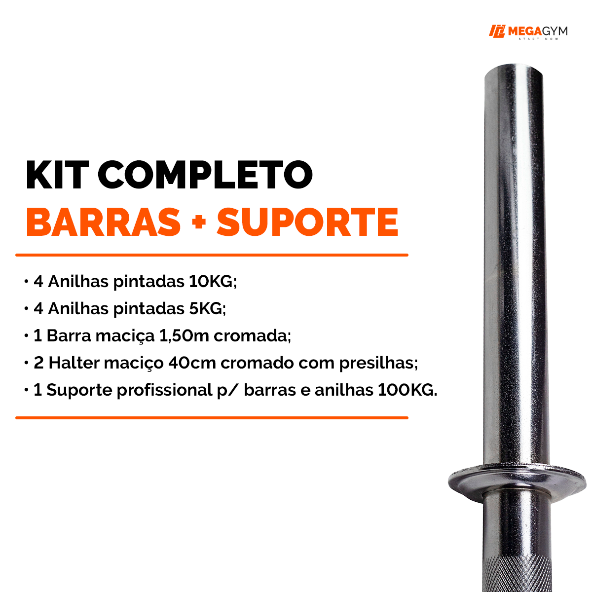 Kit Treino Barras e Halteres Maciços + Suporte + 60Kg Anilhas