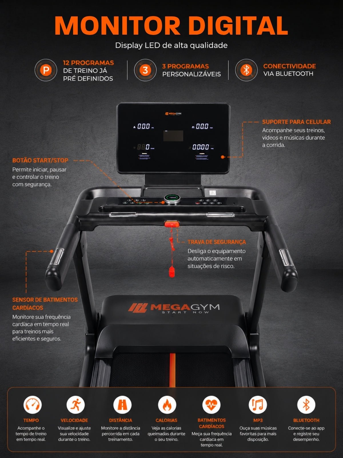 Esteira Semiprofissional Elétrica Smart Pace Ultra 20km/h | Motor 5.0 HPP | Bluetooth |Suporta até 160kg - MegaGym