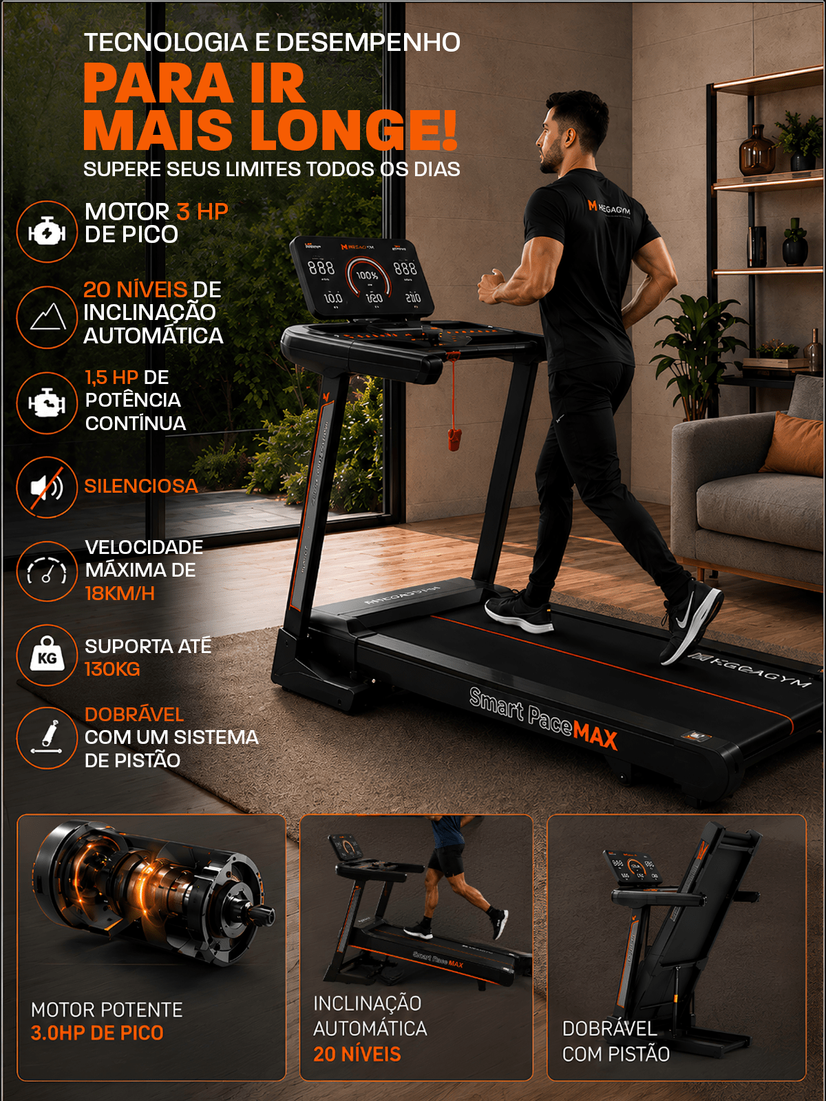 Esteira Ergométrica Elétrica SMART PACE MAX 18Km/h | Motor de 3.0 HPP | Bluetooth | 20 Níveis de Auto inclinação - MegaGym
