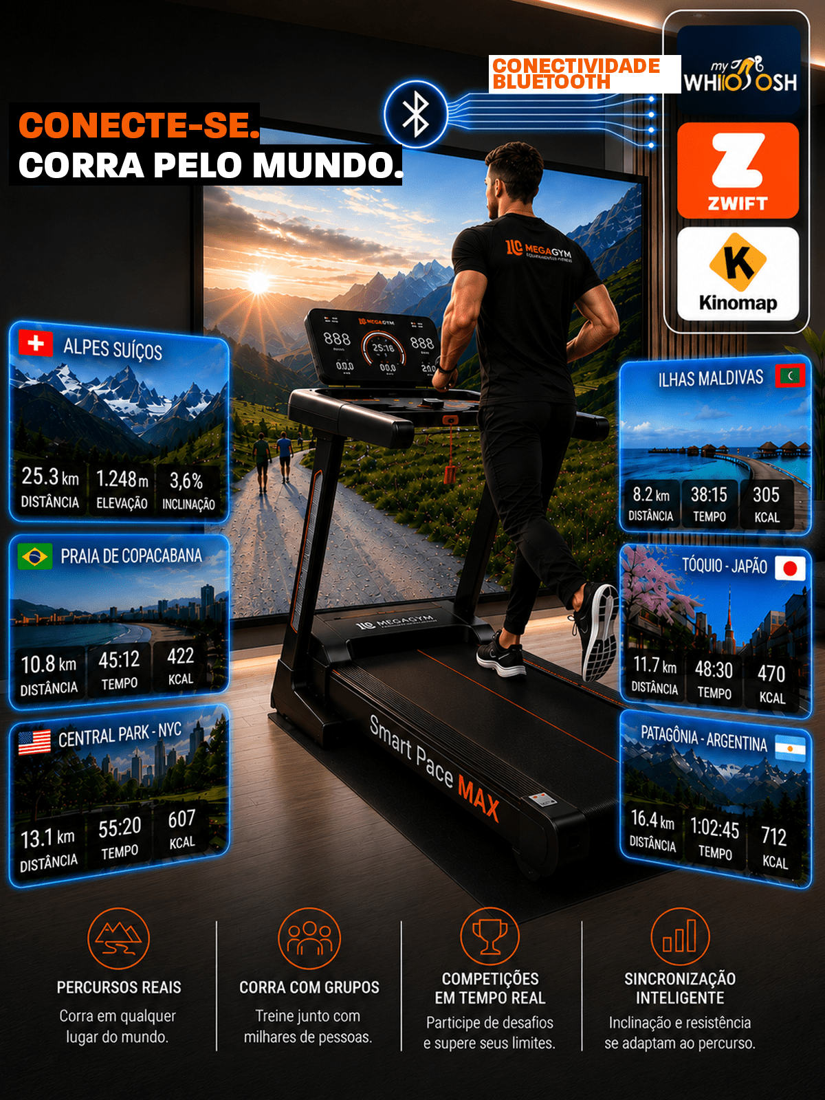 Esteira Ergométrica Elétrica SMART PACE MAX 18Km/h | Motor de 3.0 HPP | Bluetooth | 20 Níveis de Auto inclinação - MegaGym