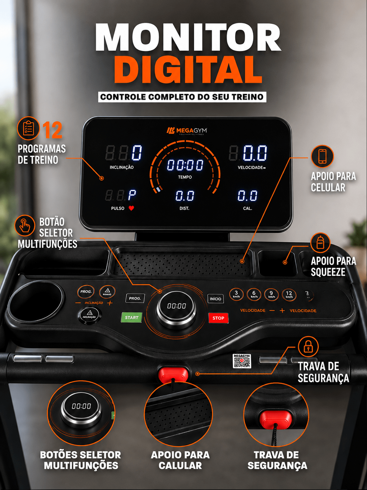 Esteira Ergométrica Elétrica SMART PACE MAX 18Km/h | Motor de 3.0 HPP | Bluetooth | 20 Níveis de Auto inclinação - MegaGym
