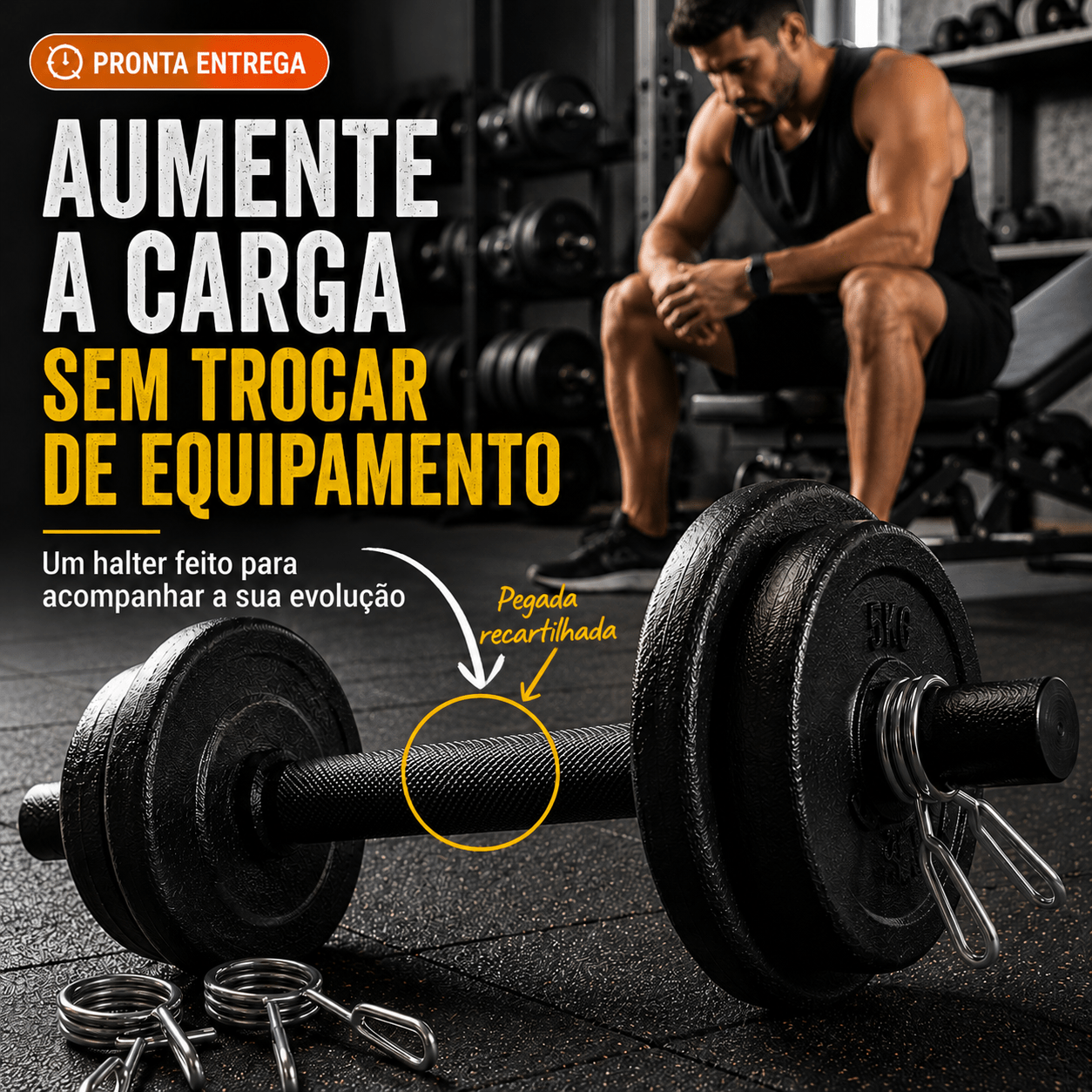 Halter Maciço 40cm Preto com Presilhas - Ø28,57mm - MegaGym