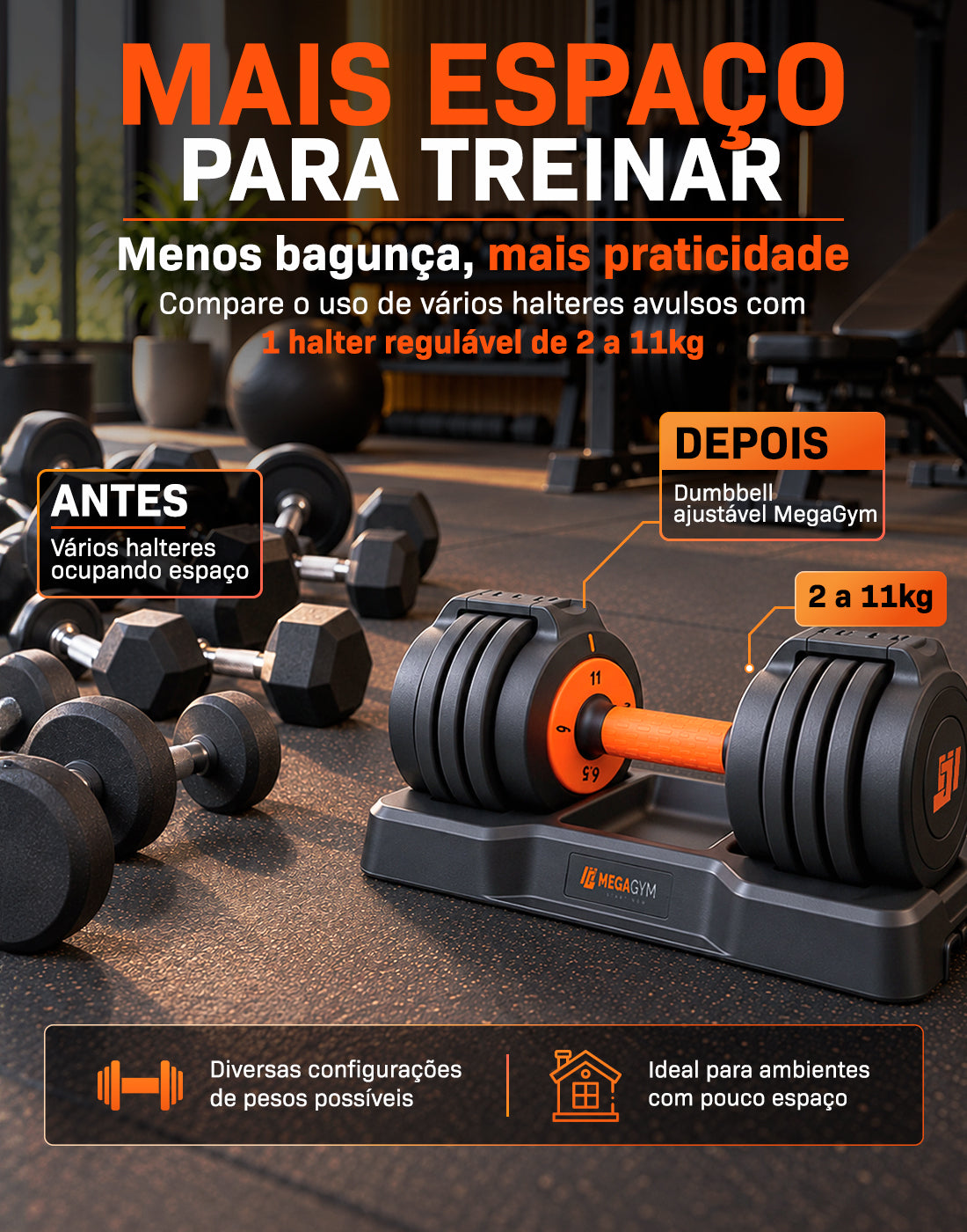 Halter Dumbbell Regulável | 5 Configurações de peso | Base para suporte dos Halteres