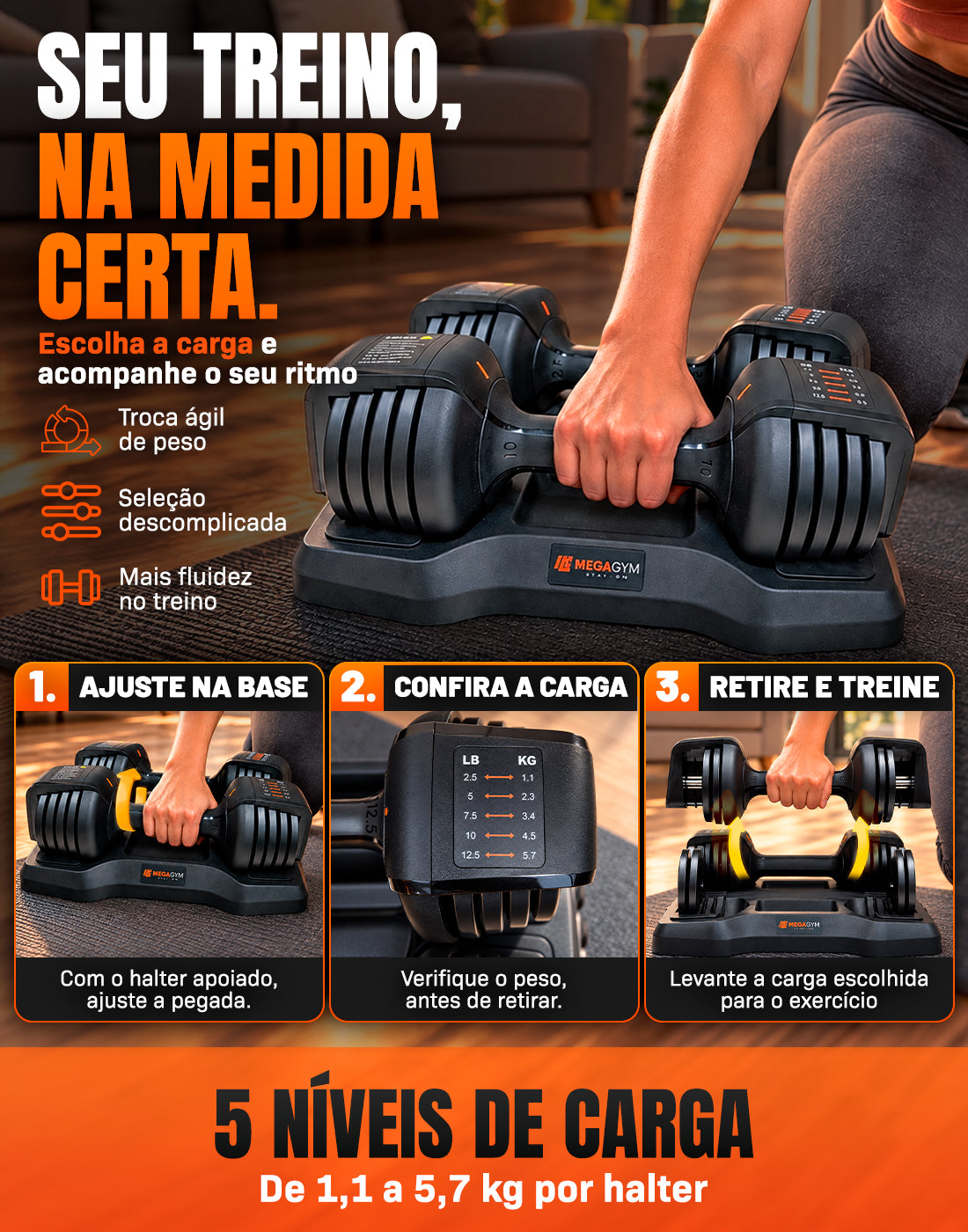 Par Halter Dumbbell Regulável Até 1 a 5,7Kg