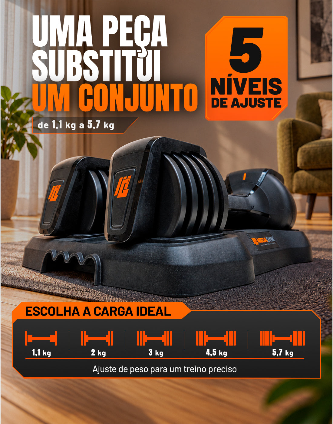 Par Halter Dumbbell Regulável Até 1 a 5,7Kg