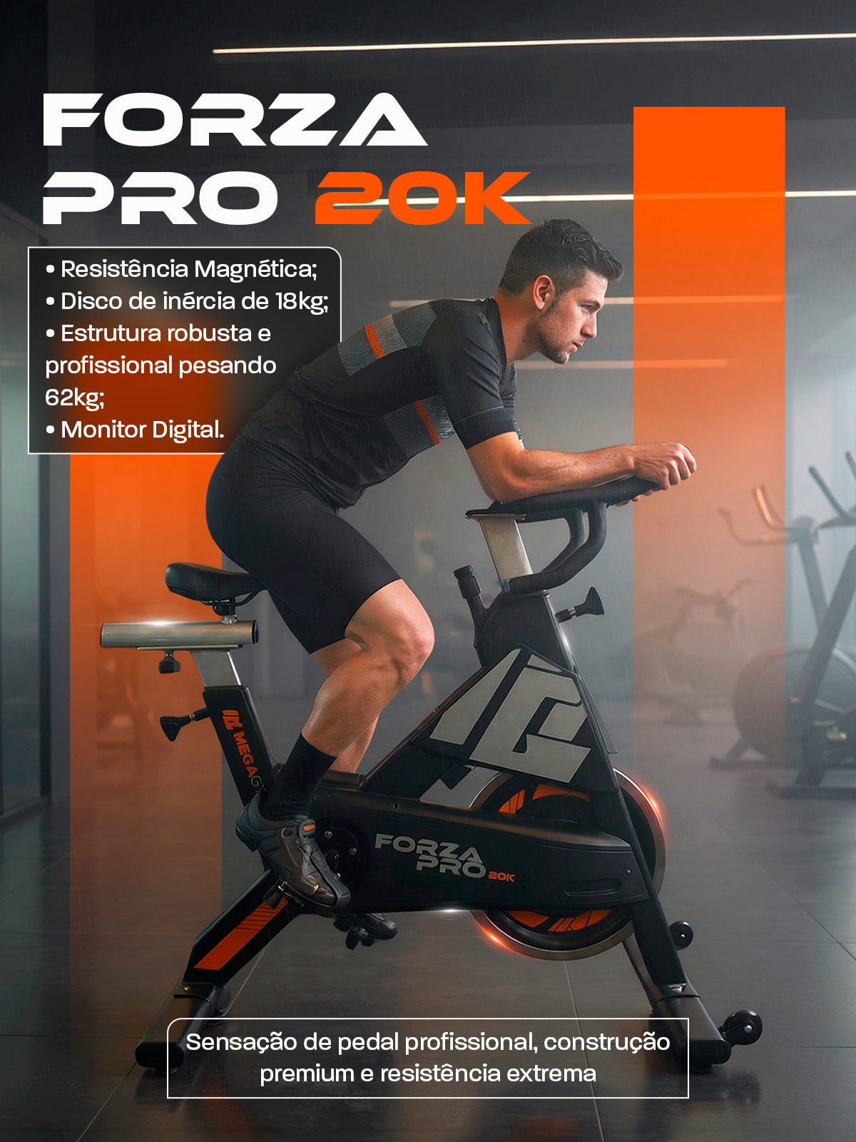 Bike Profissional Magnética Forza Pro 20K | Com Monitor Digital | Resistência Magnética | Disco de Inercia 18Kg | Suporta 170Kg